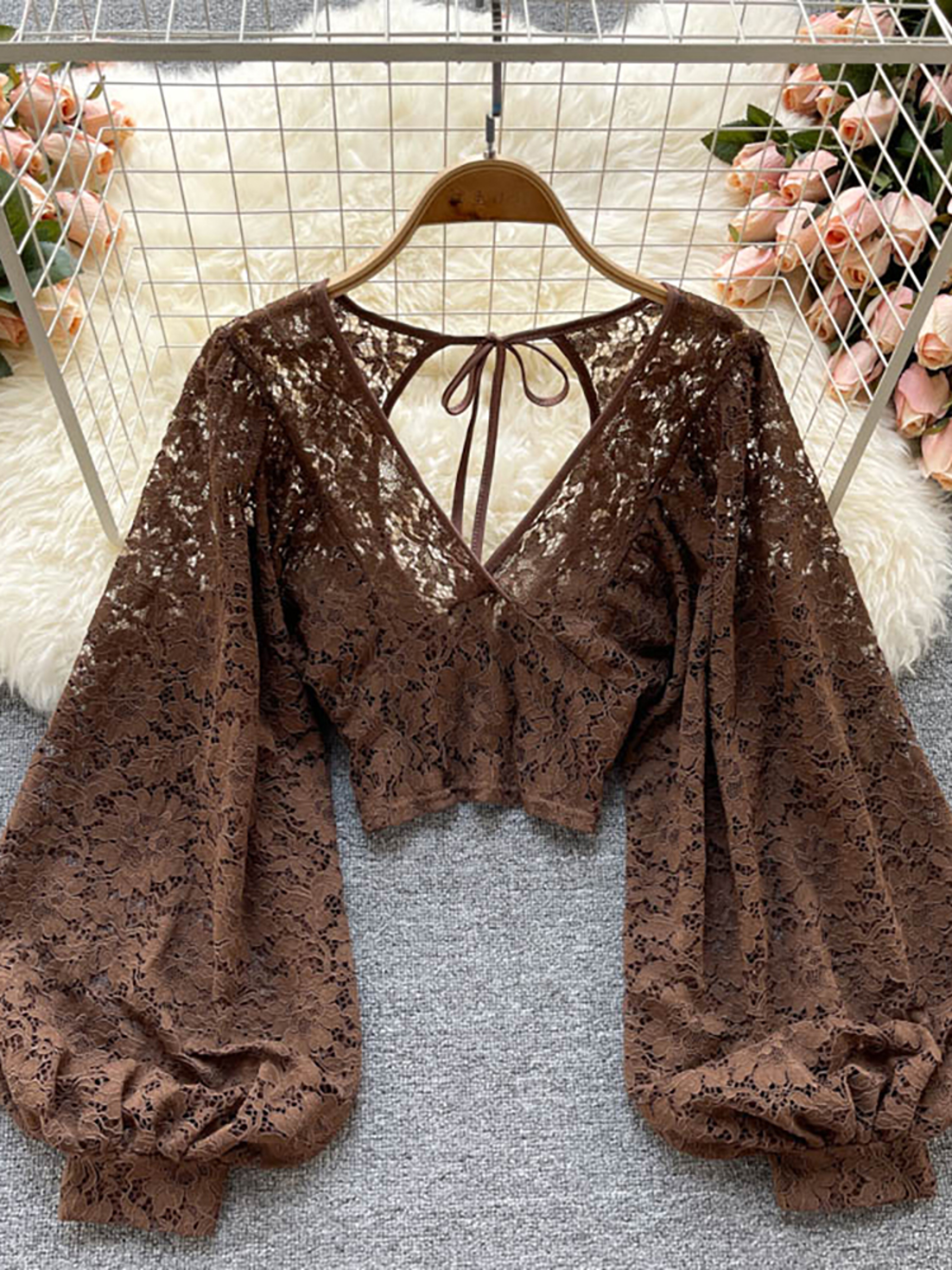 Elegant Lace V Neck Puff Sleeve Open Back Blouse 0