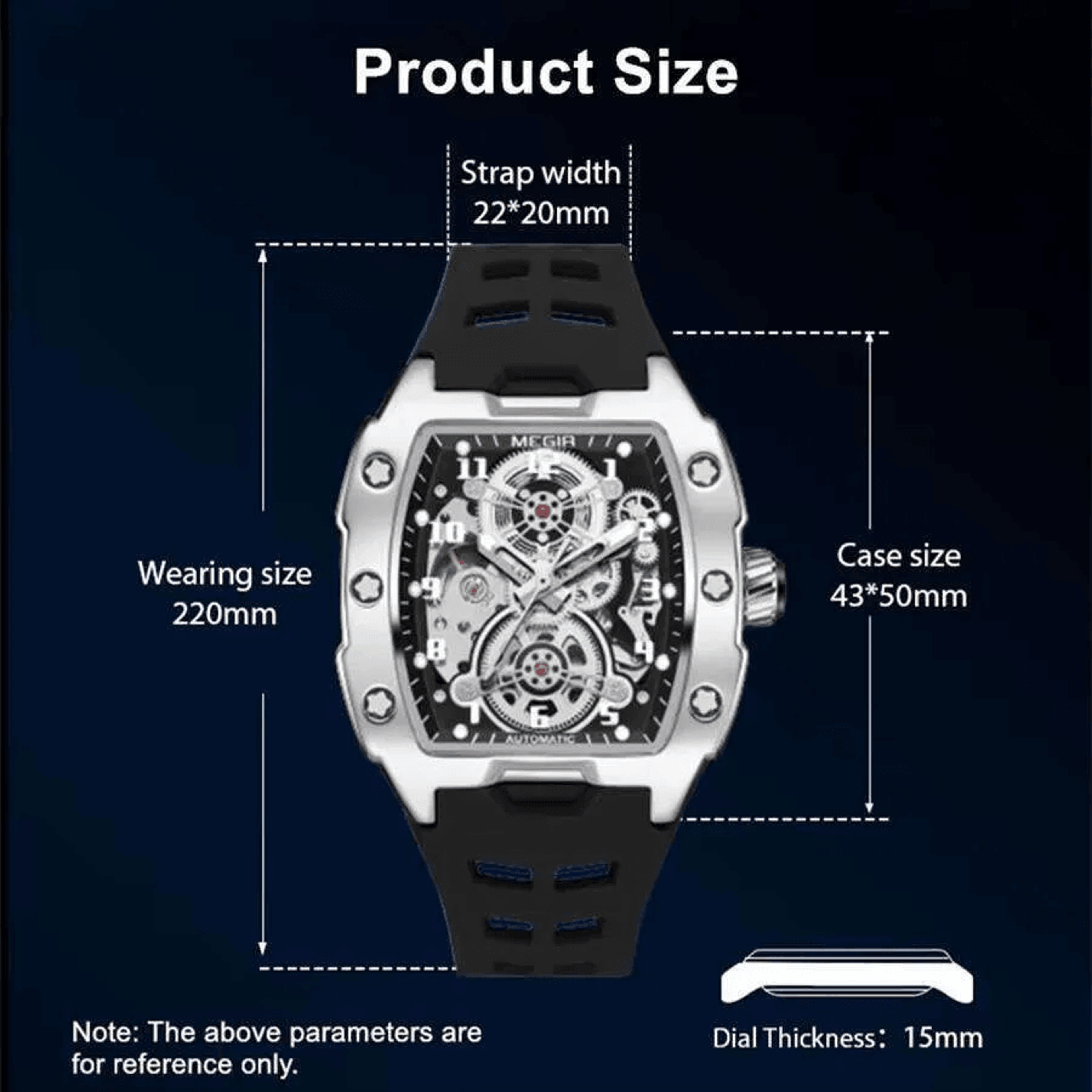Mens Skeleton Automatic Tonneau Watch With Luminous Dial And Silicone Strap 3