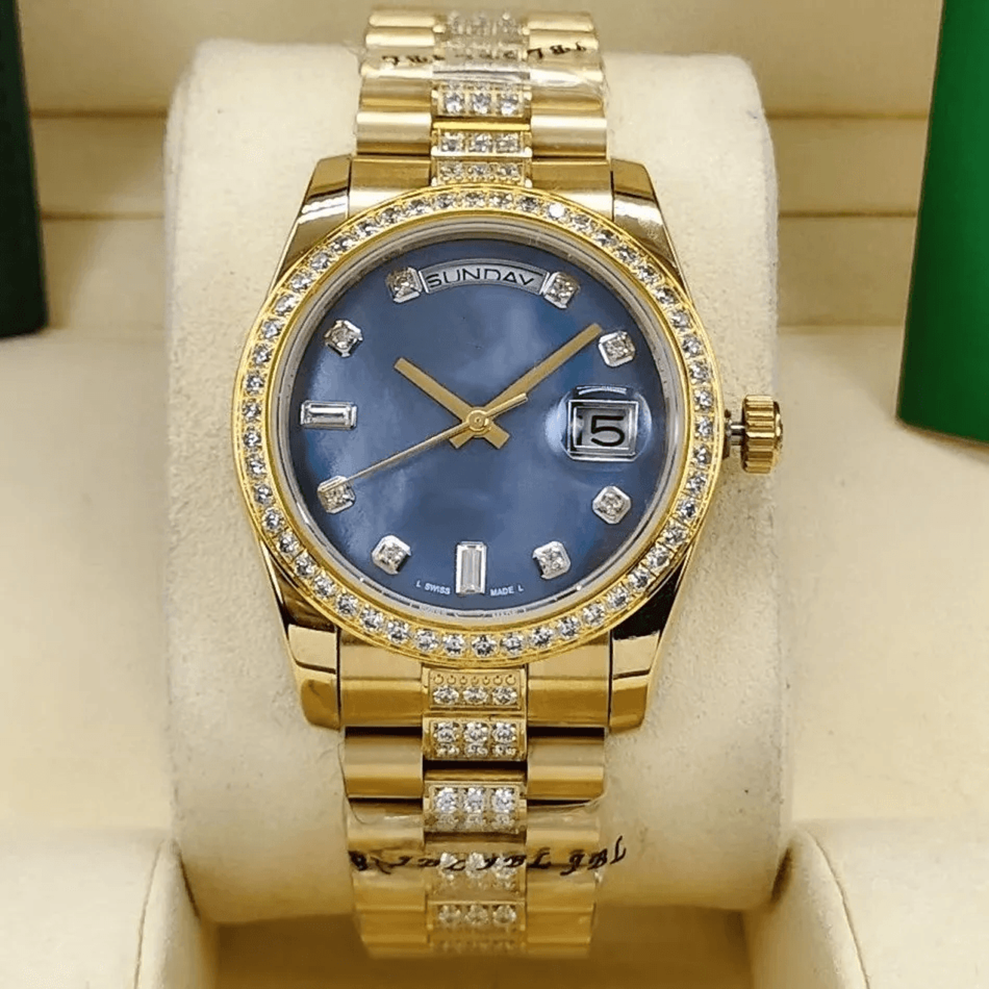Gold Mens Automatic Watch Green Dial Day Date Diamond Style Stainless Steel 1