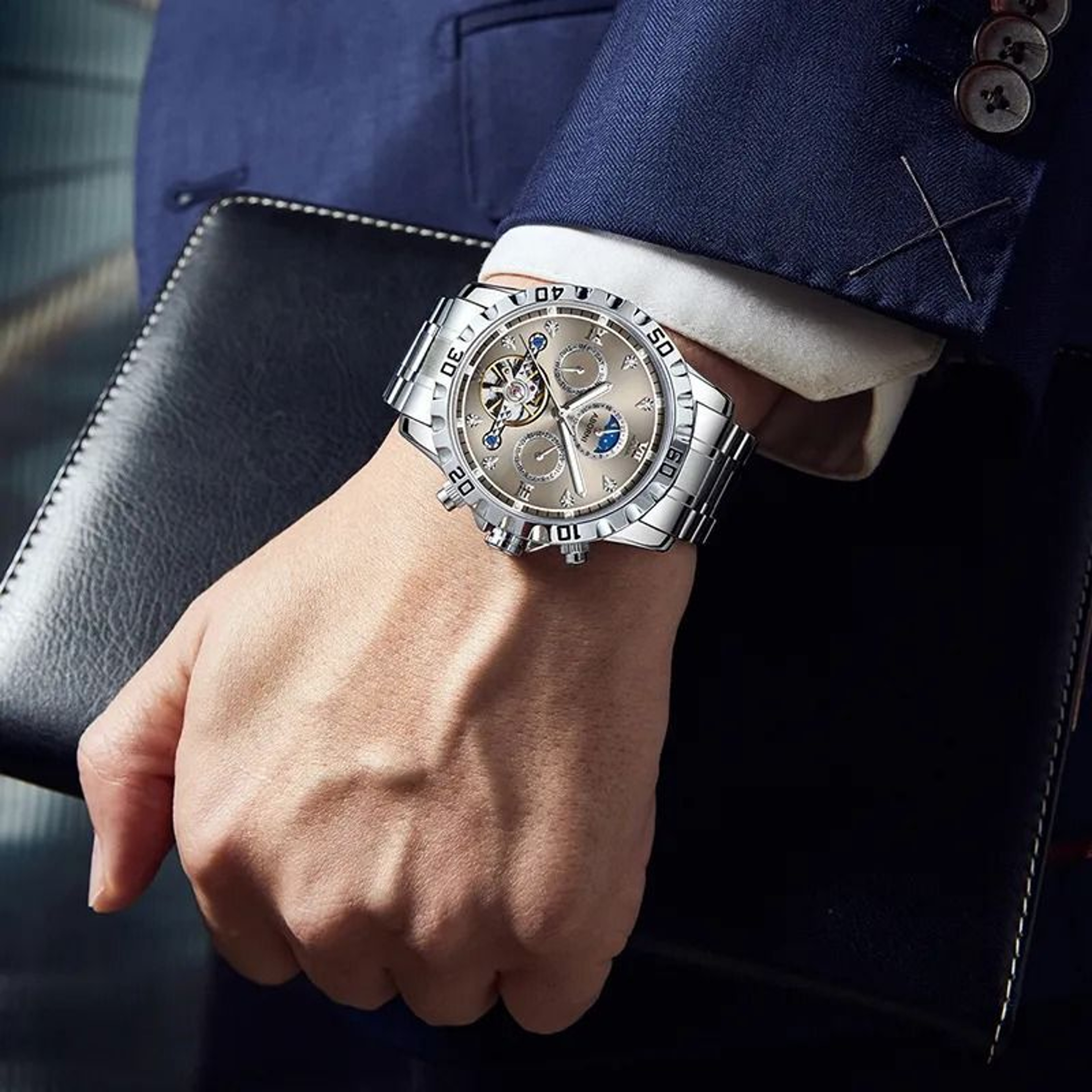 Moon Phase Automatic Mechanical Watch For Men Stainless Steel Business Watch 0