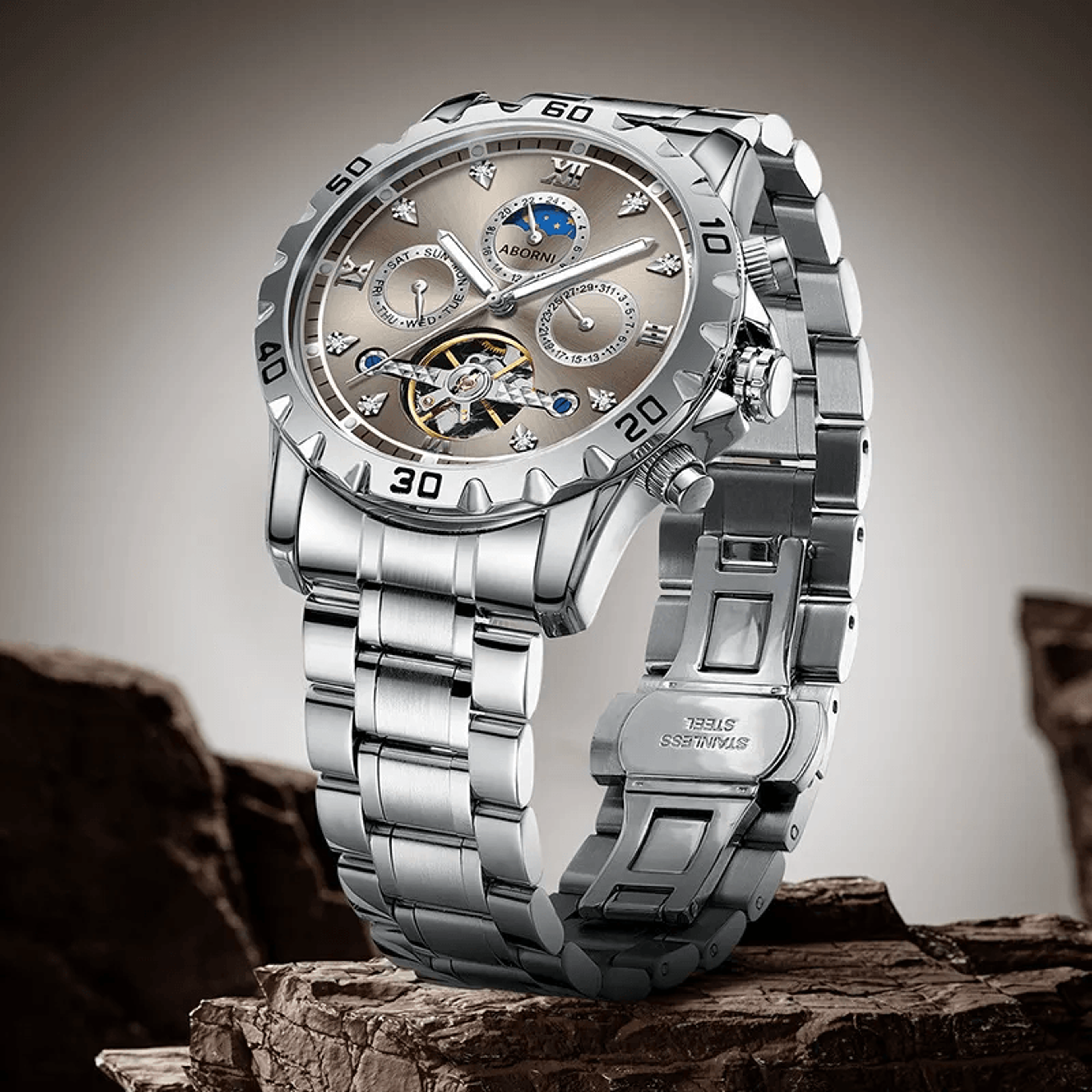 Moon Phase Automatic Mechanical Watch For Men Stainless Steel Business Watch 1