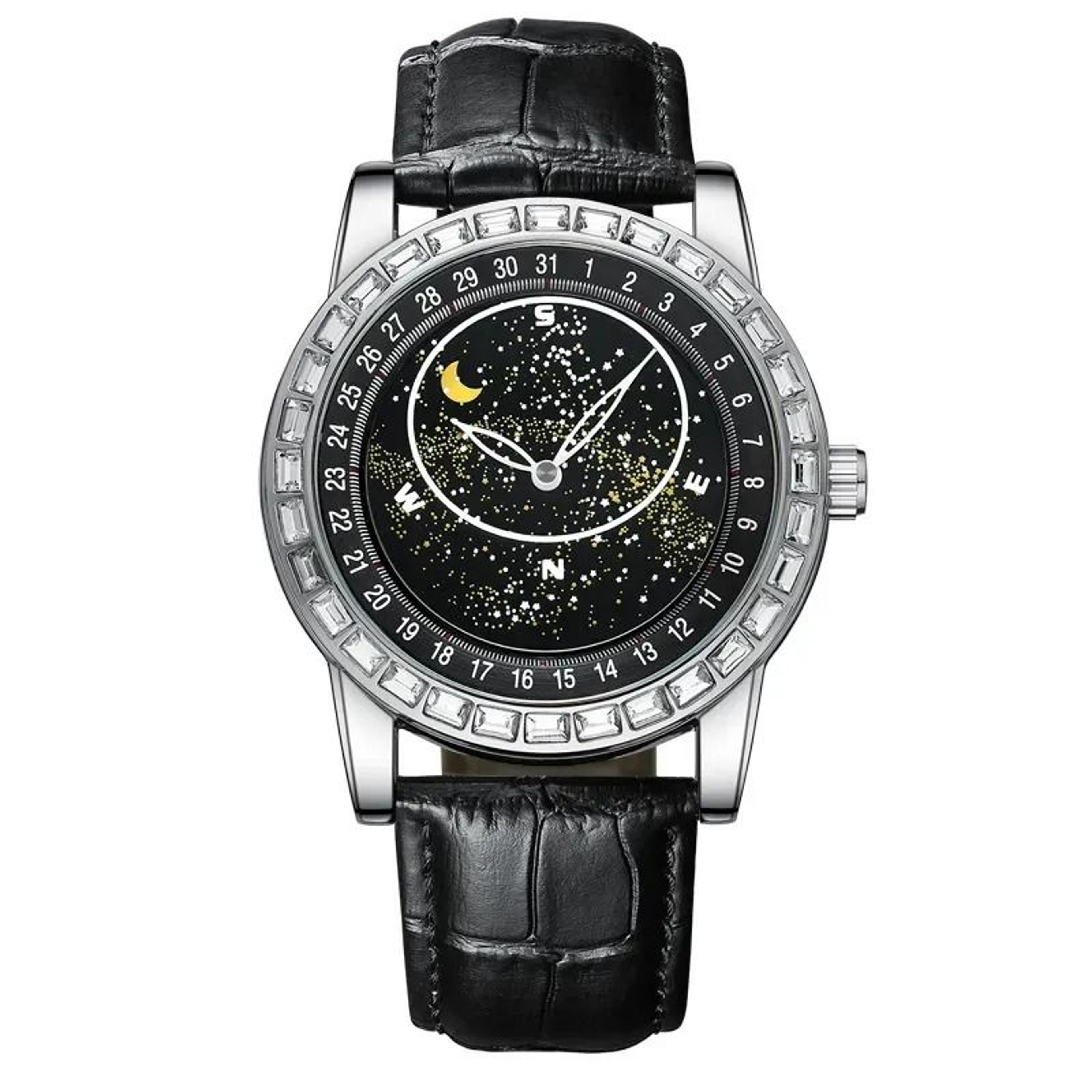 Starry Sky Moon Phase Quartz Watch For Men With Luminous Hands And Leather Strap 1