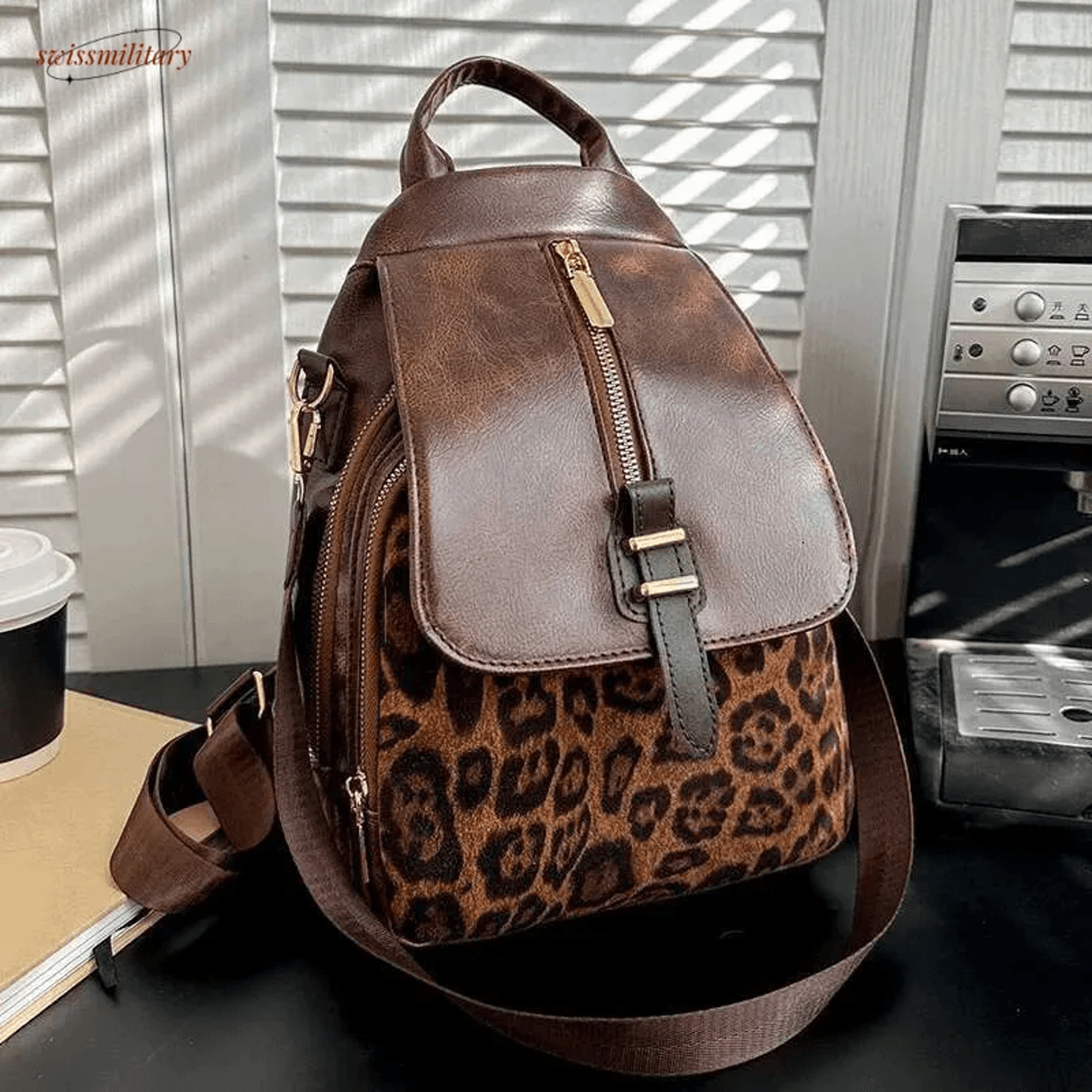 Leopard PU Leather Backpack For Women Retro Zip School Bag 4