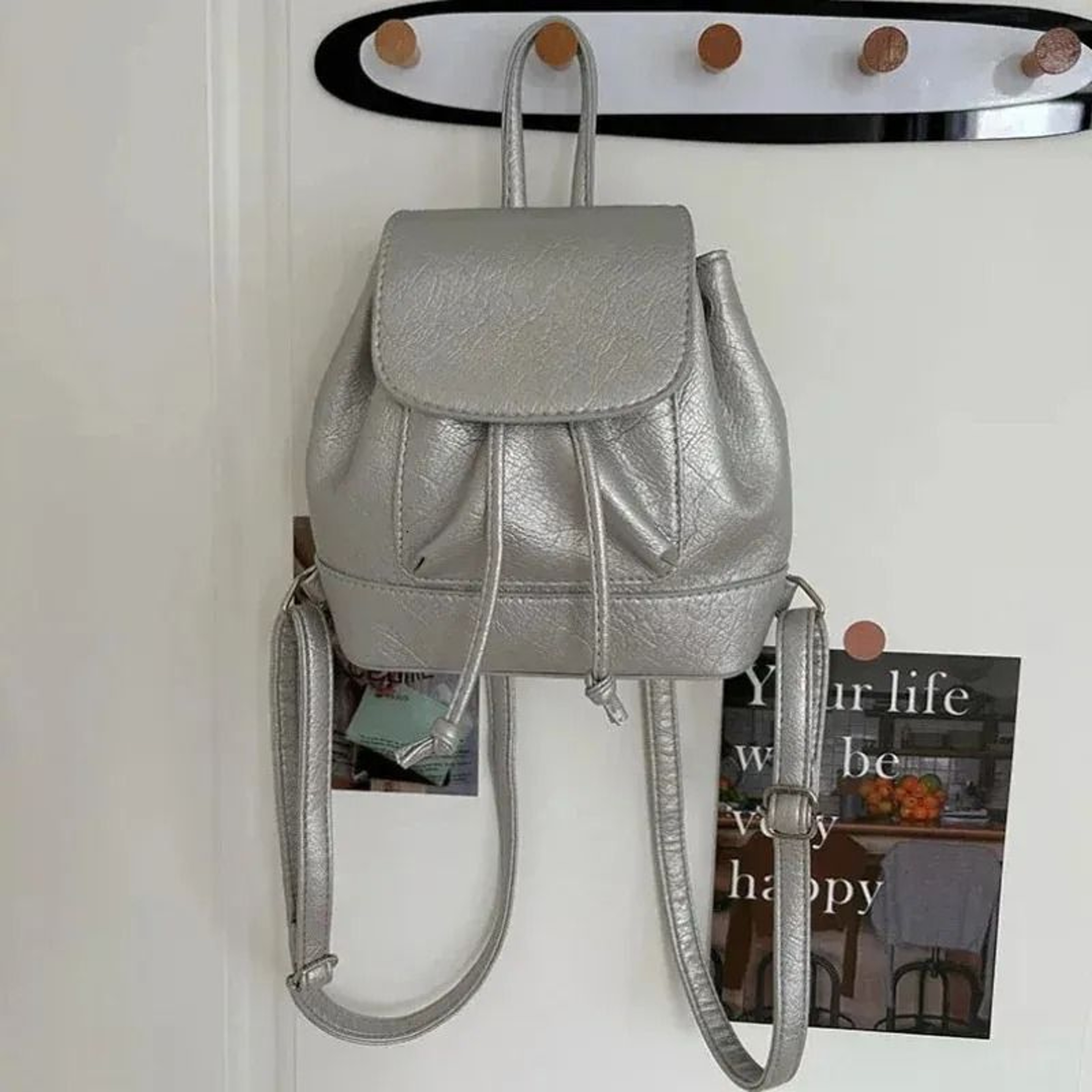 PU Leather Mini Backpack For Women Cute Flap Drawstring College Bag 3