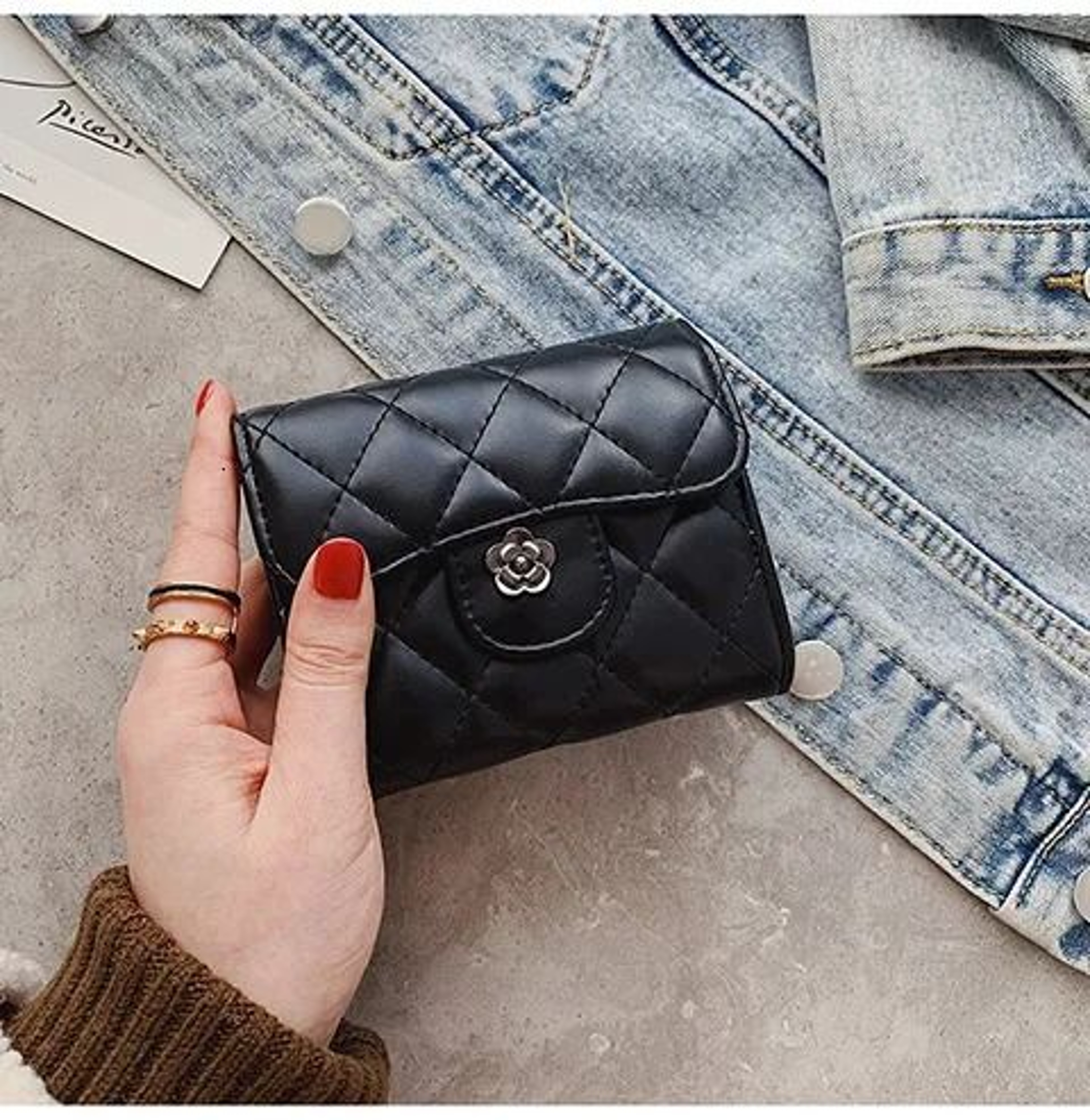 Black Quilted Leather Flower Turn Lock Wallet Available In 2 Sizes 1
