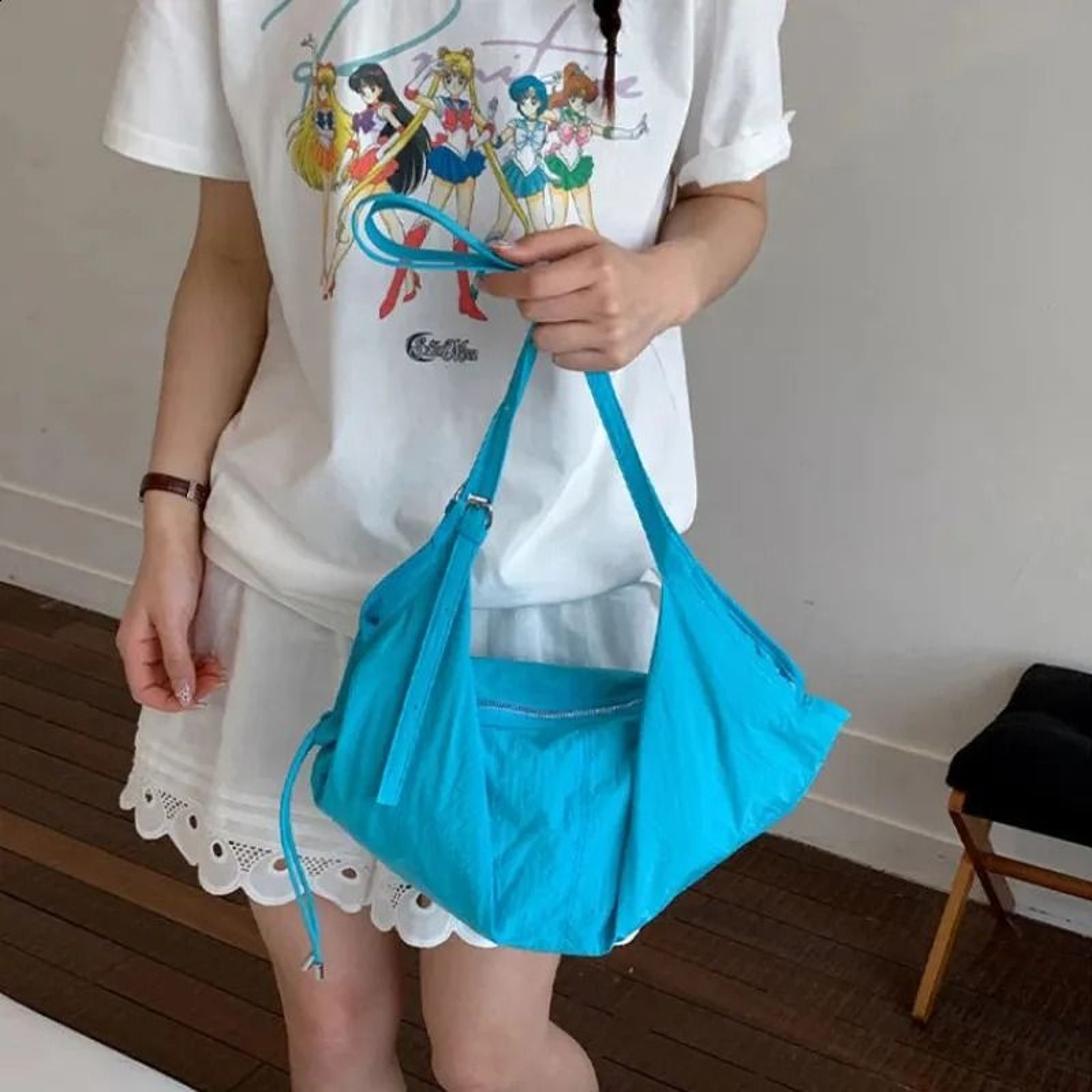 Lake Blue Pleated Dumpling Bag Large Capacity Lightweight Shoulder Handbag 6