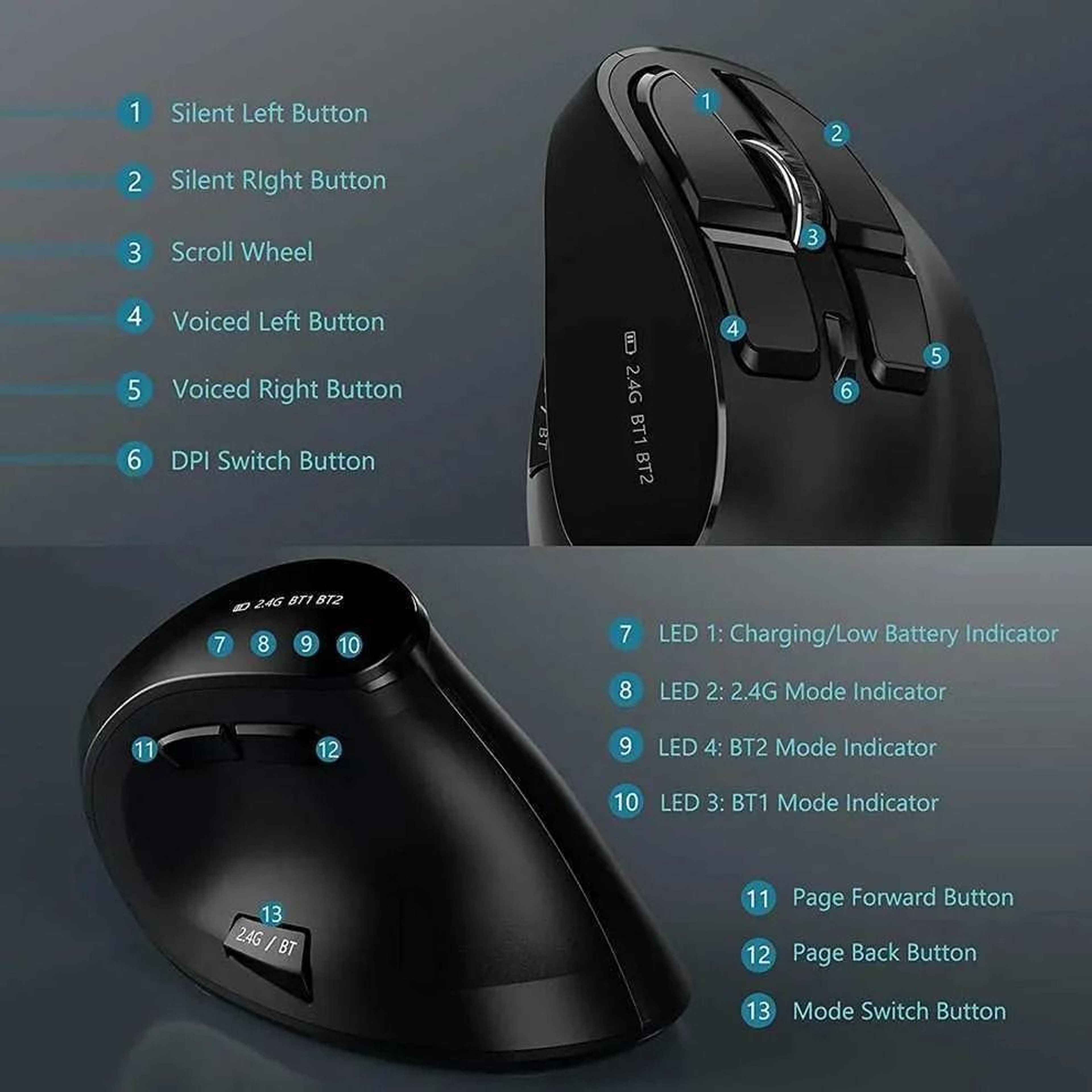 Dual Mode Vertical Ergonomic Mouse Bluetooth Wireless Silent Optical Mouse With Adjustable Sensitiv 4
