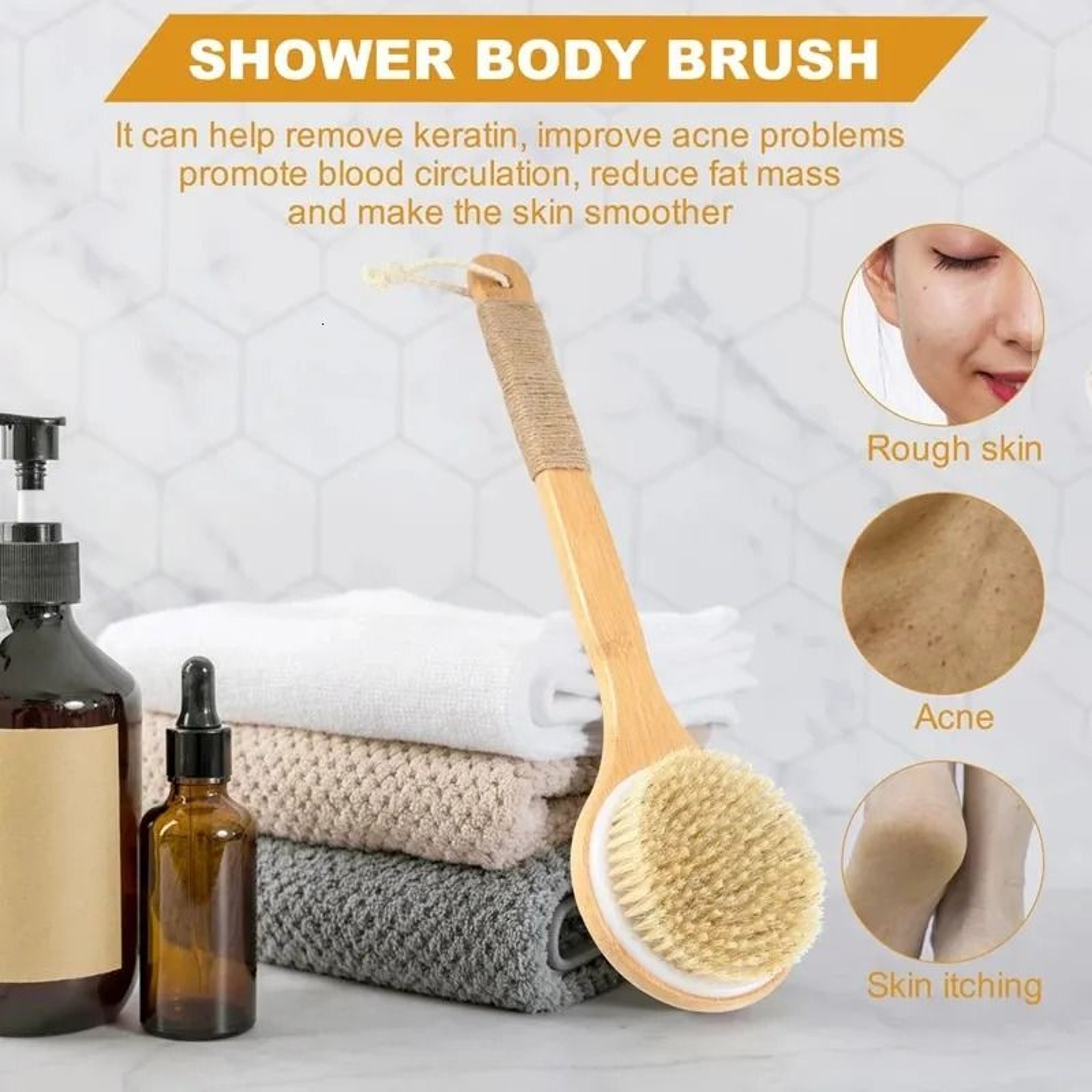 Natural Bristle Dry Body Brush Long Handle Exfoliating Back Scrubber 2
