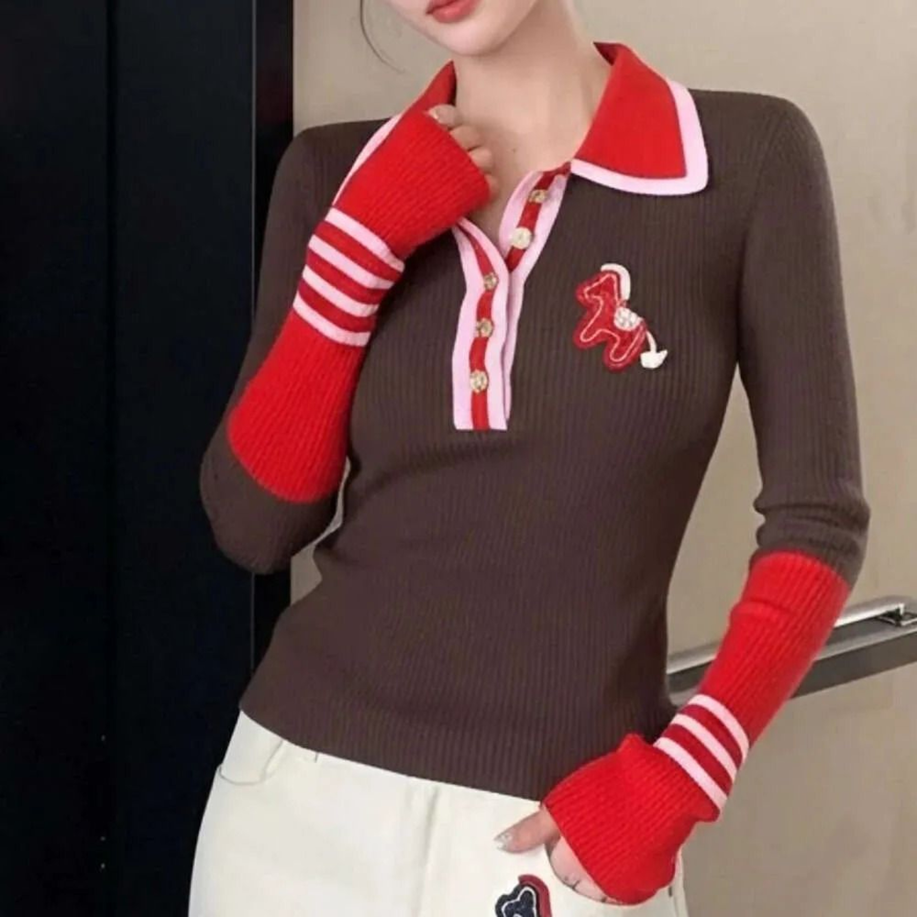 Retro Floral Embroidered Womens Knit Sweater Slim Fit Early Spring Top 0