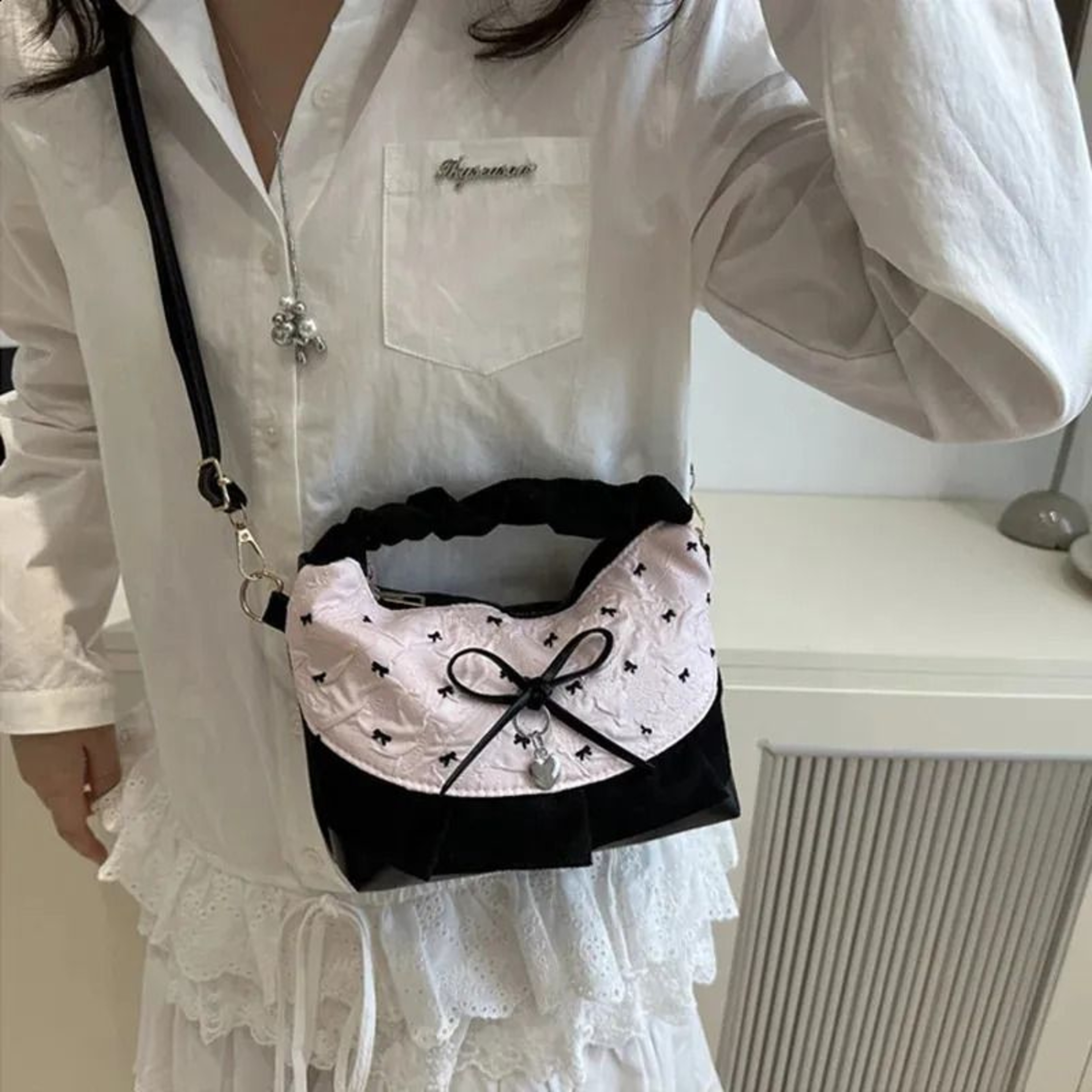 Lace Canvas Crossbody Bag With Cute Bow Accent For Women 2