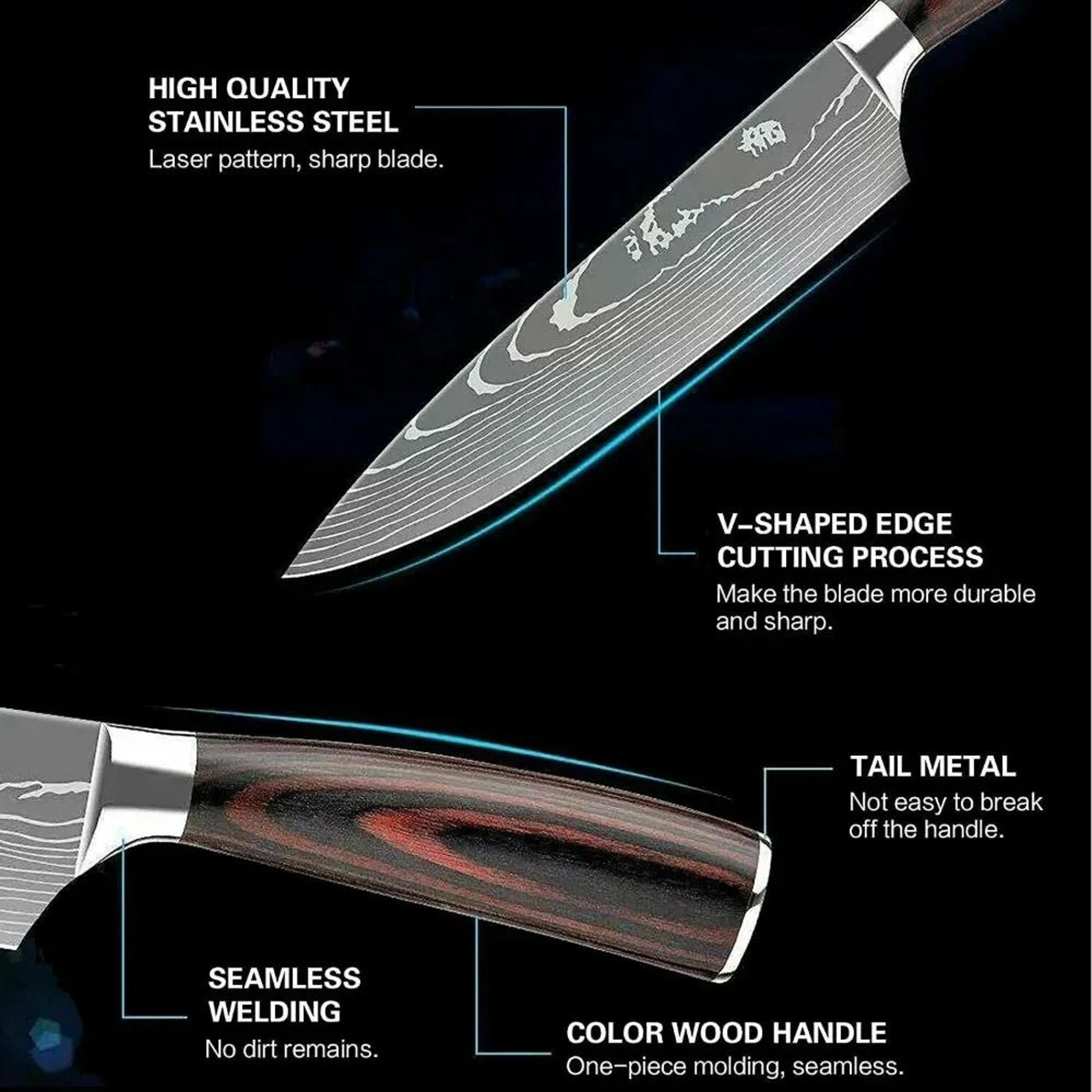 Professional Stainless Steel Kitchen Knife Set With Meat Cleaver And Utility Knife 3