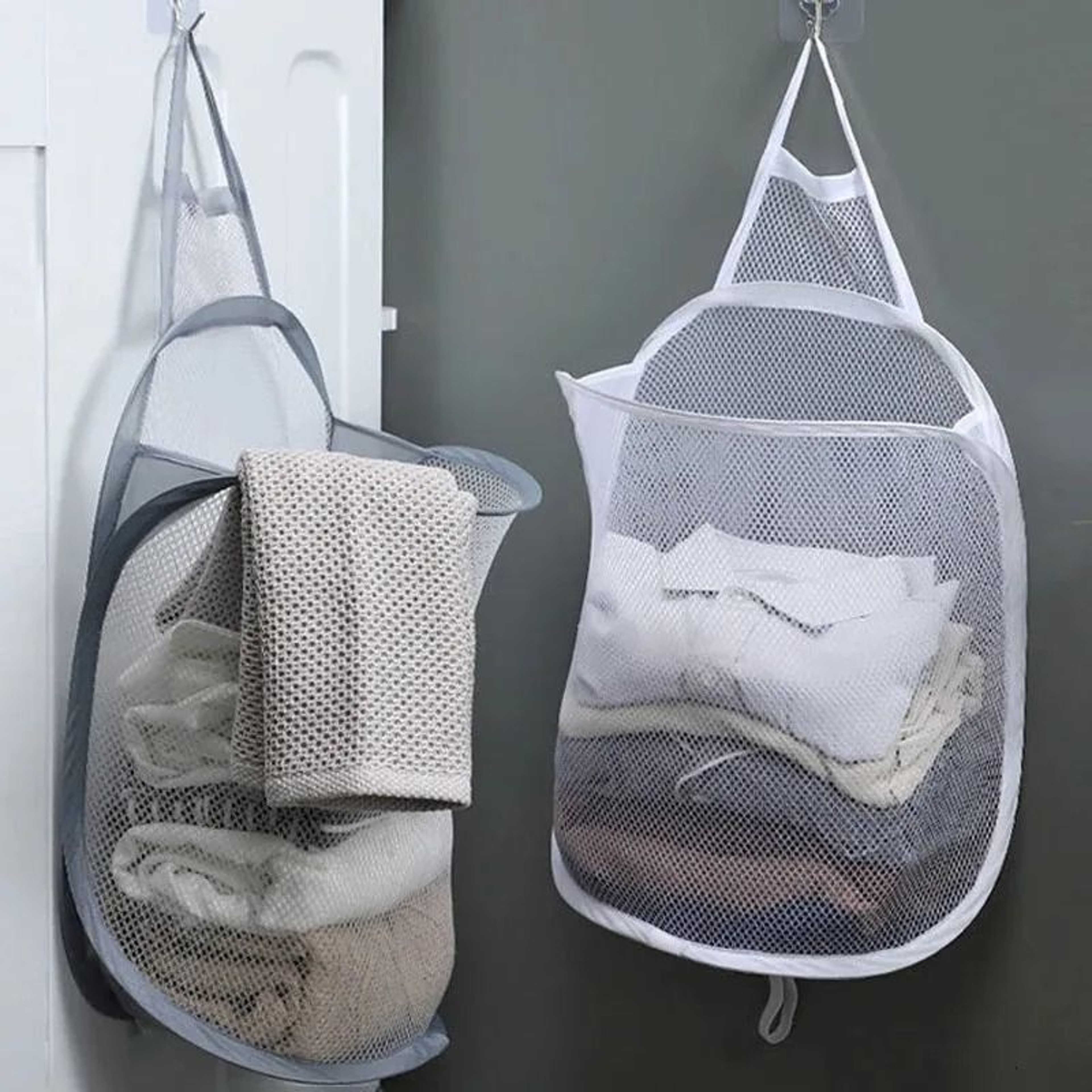 Large Hanging Laundry Basket Foldable Polyester Mesh Organizer With Multi Pockets 2