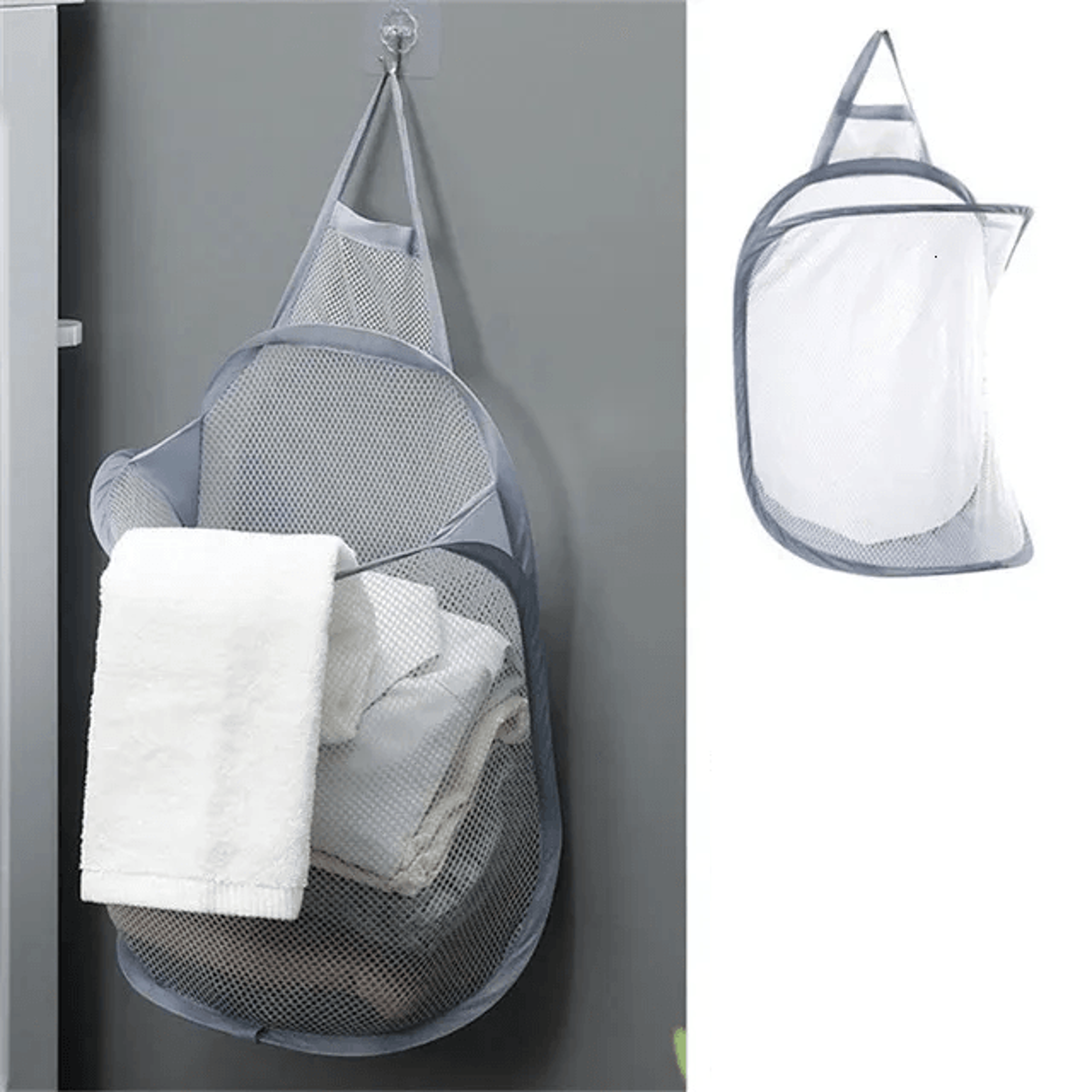 Large Hanging Laundry Basket Foldable Polyester Mesh Organizer With Multi Pockets 1