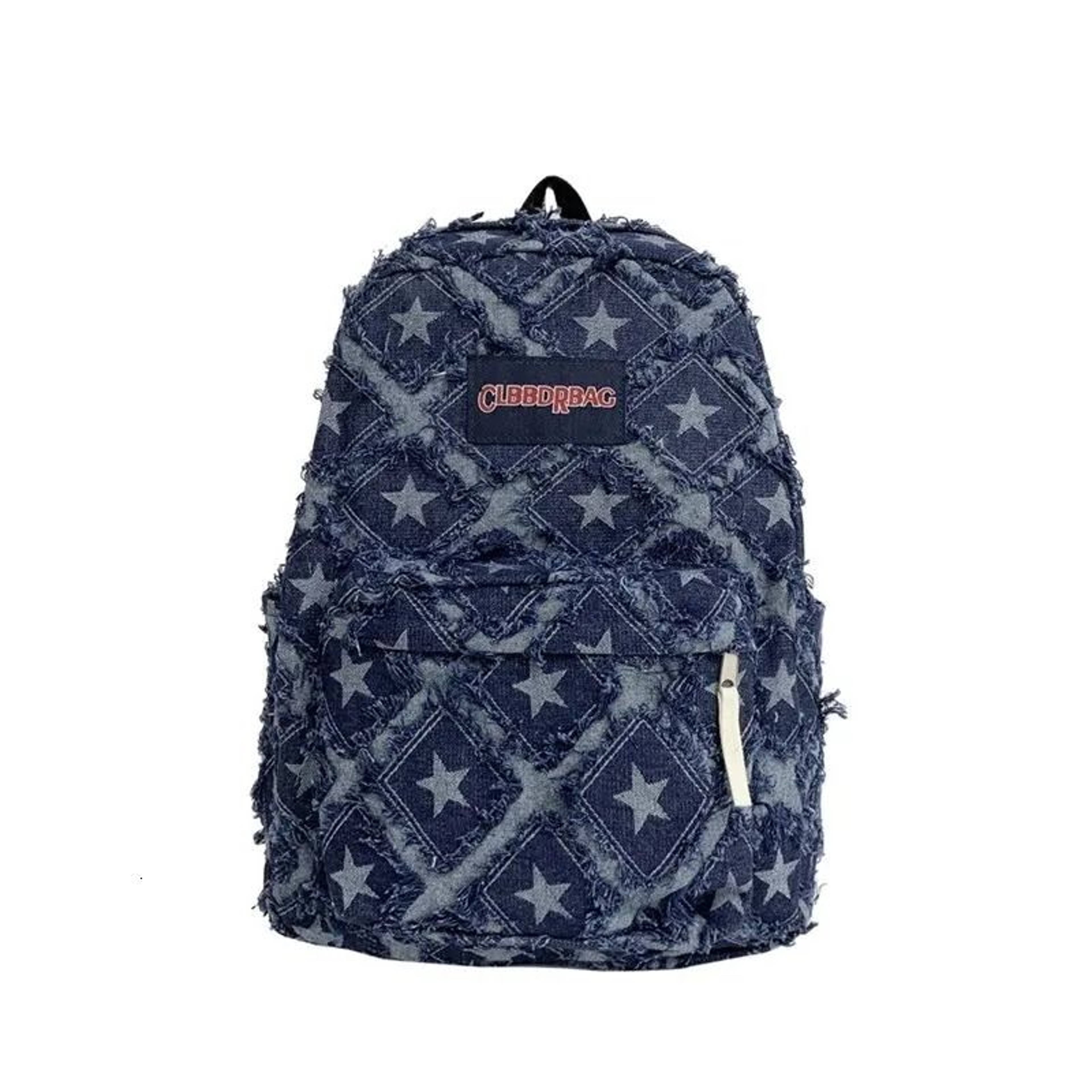 Frayed Star Denim Backpack With Adjustable Shoulder Straps And Distressed Patch Design 1