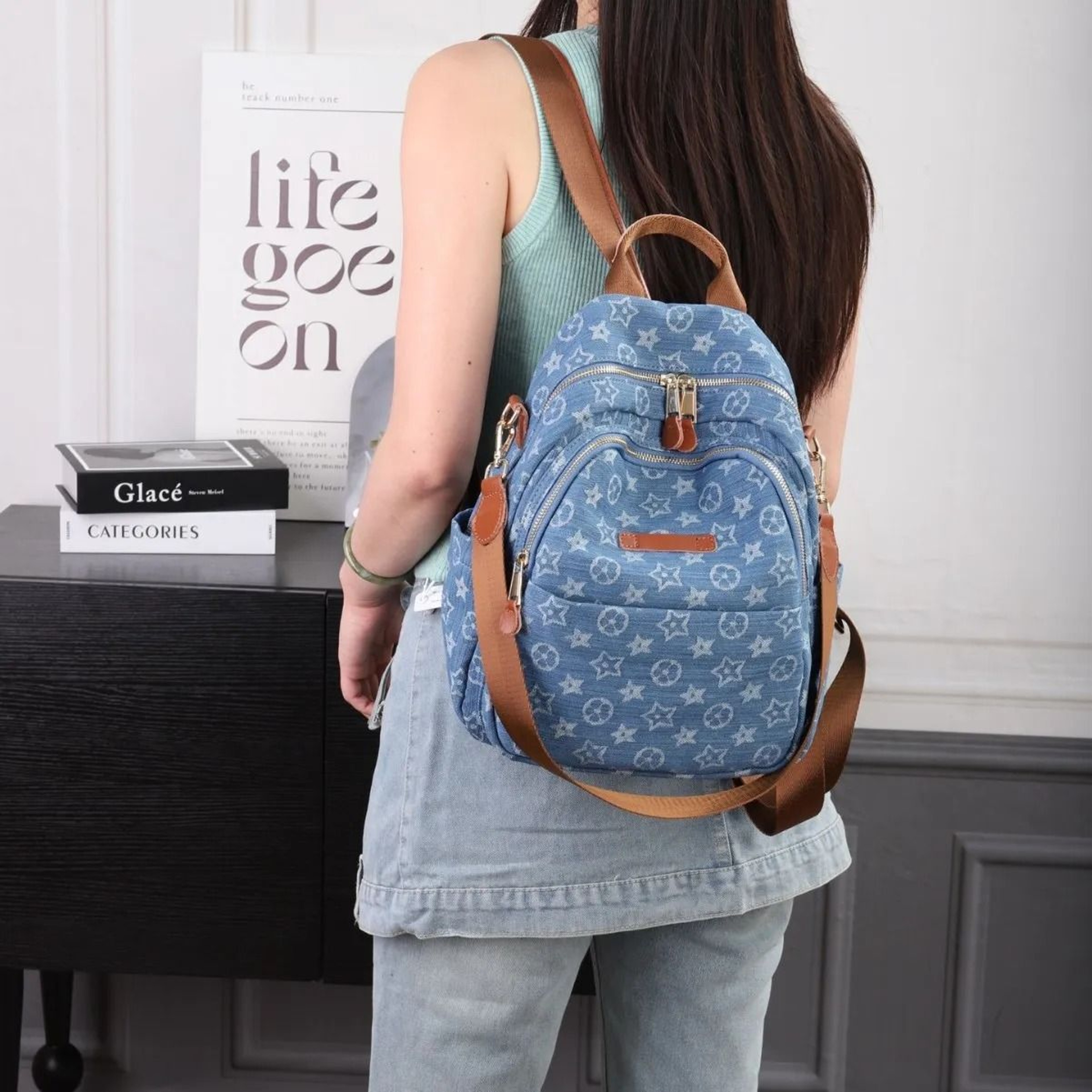 Blue Printed Travel Backpack With Zipper Closure And Interior Pocket 0