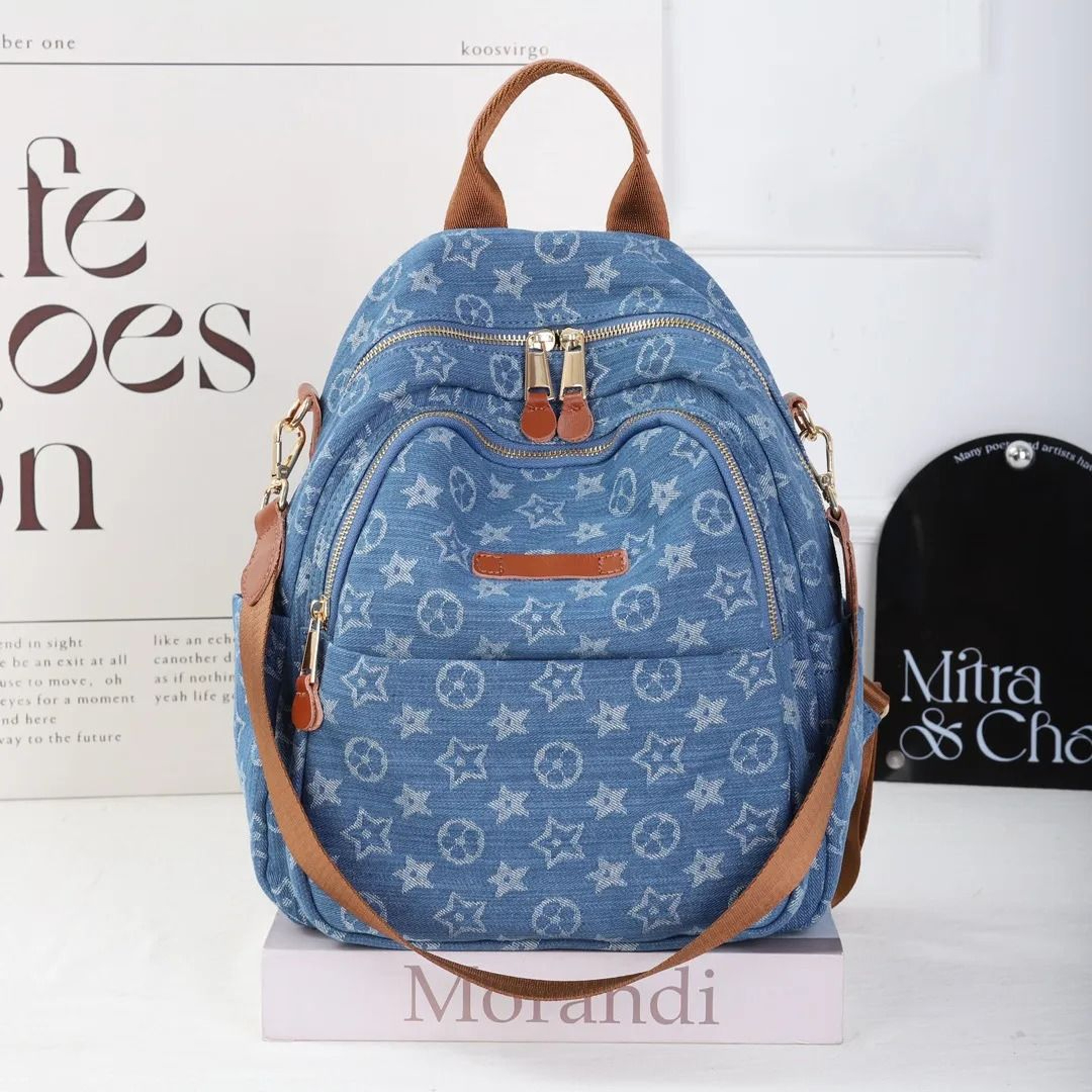 Blue Printed Travel Backpack With Zipper Closure And Interior Pocket 1