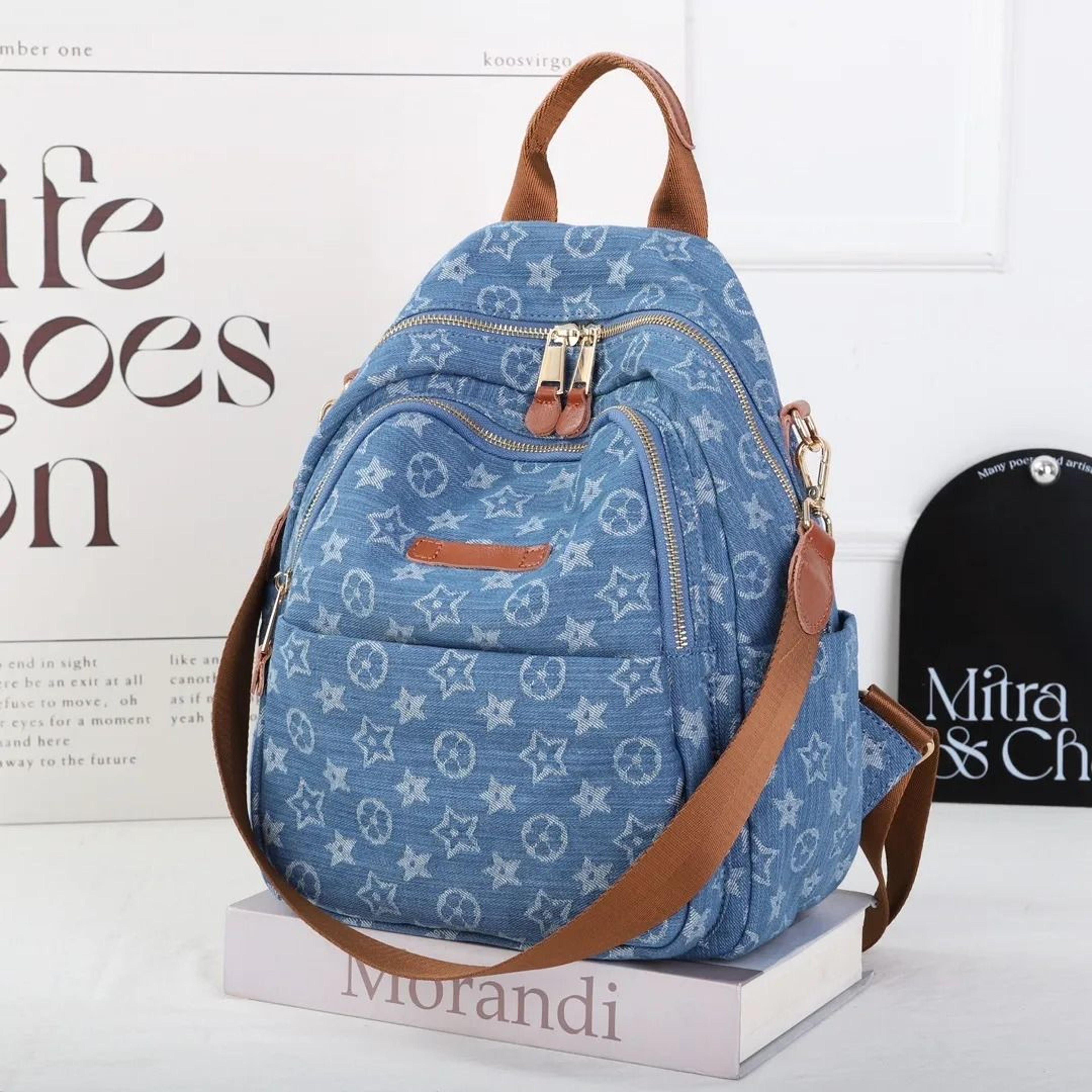 Blue Printed Travel Backpack With Zipper Closure And Interior Pocket 2
