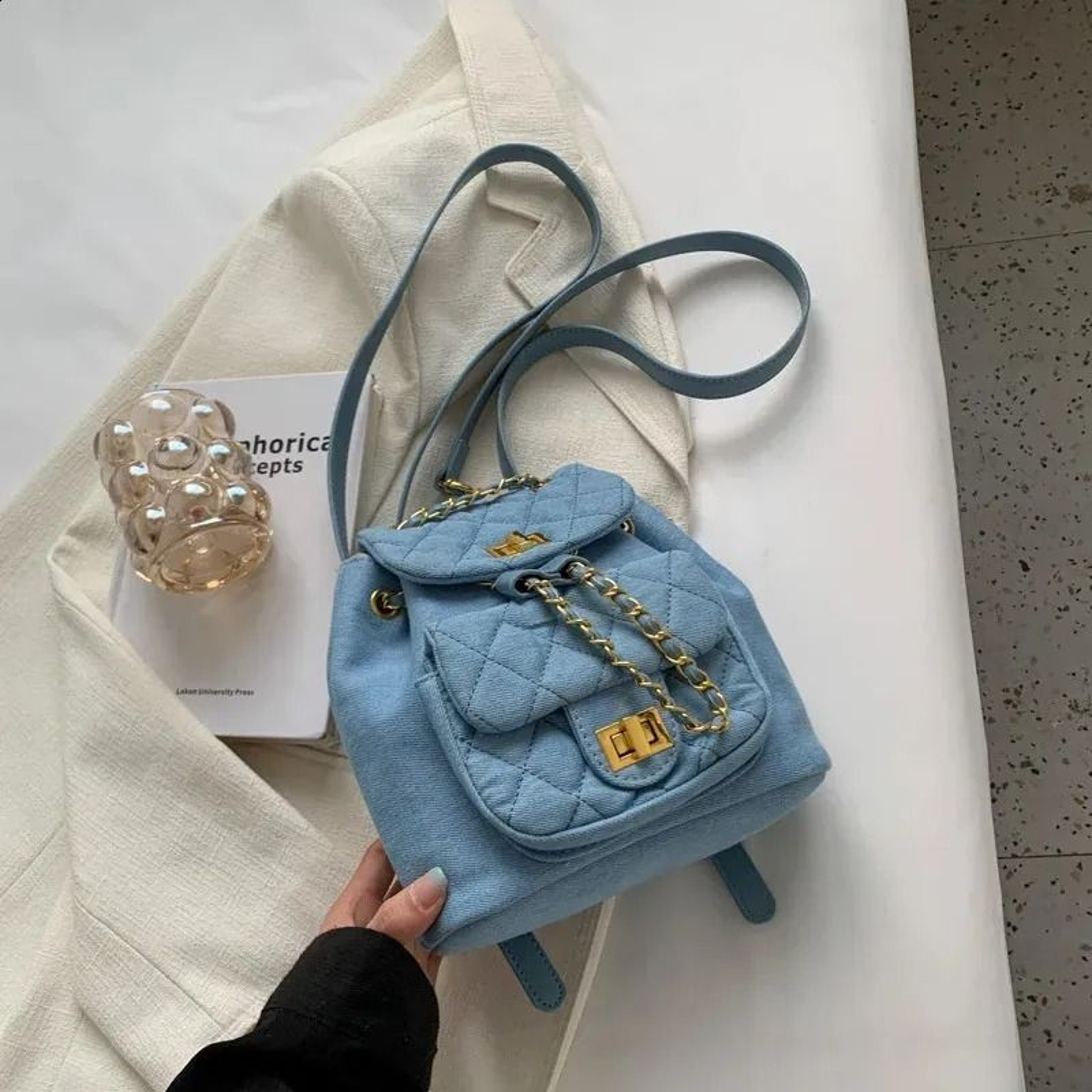 Mini Canvas Denim Backpack Purse For Women With Retro Cowboy Style Chain Detail 1