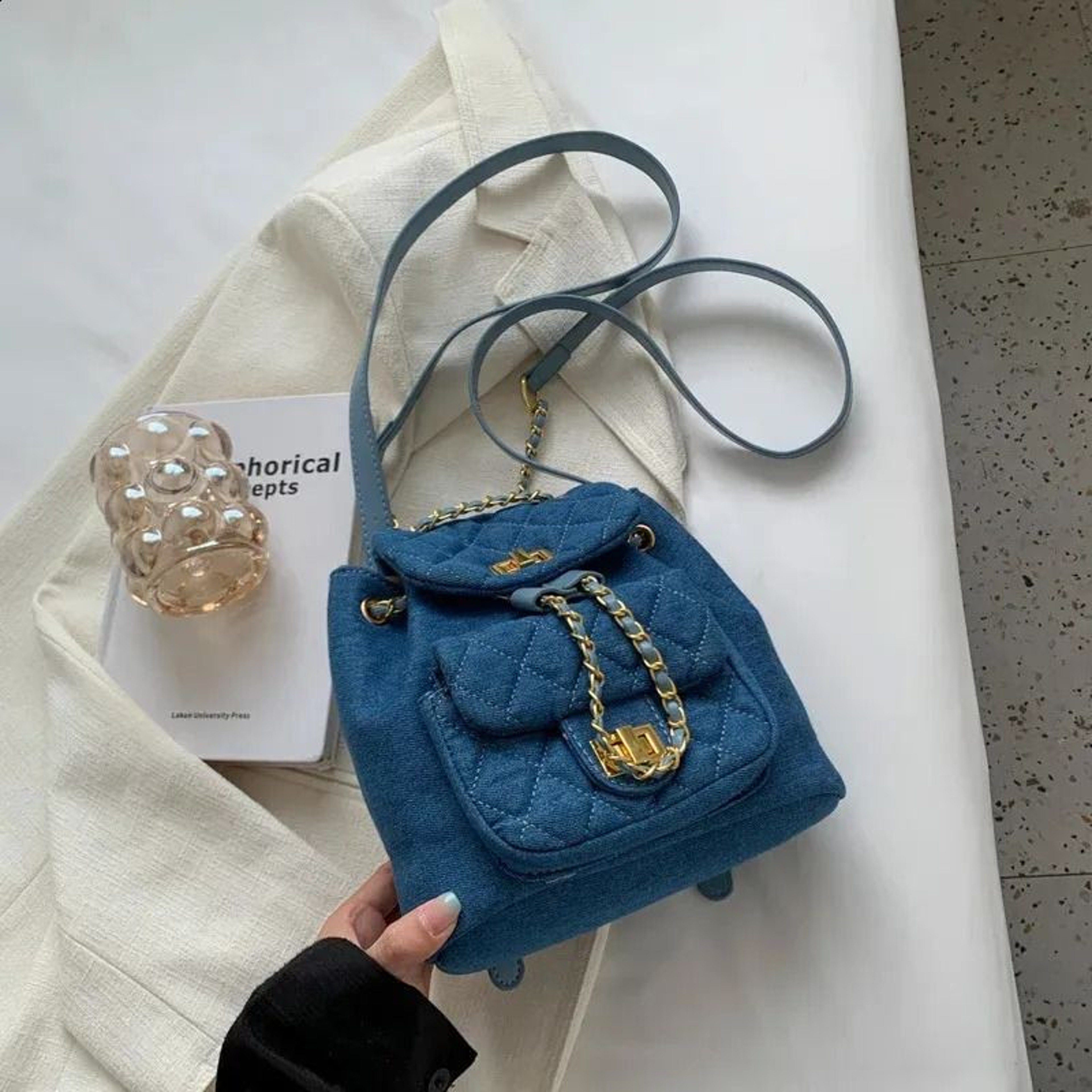 Mini Canvas Denim Backpack Purse For Women With Retro Cowboy Style Chain Detail 2