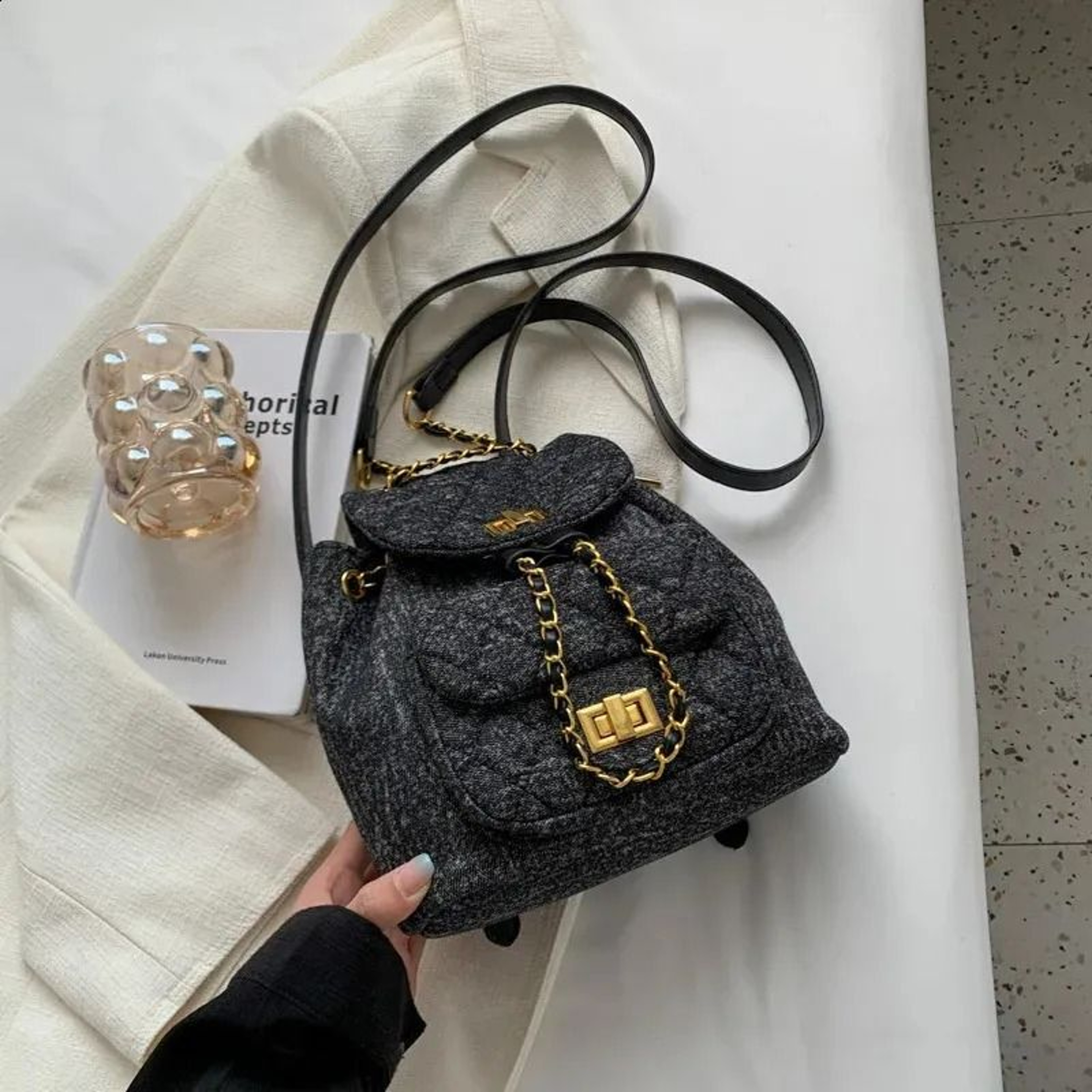 Mini Canvas Denim Backpack Purse For Women With Retro Cowboy Style Chain Detail 0