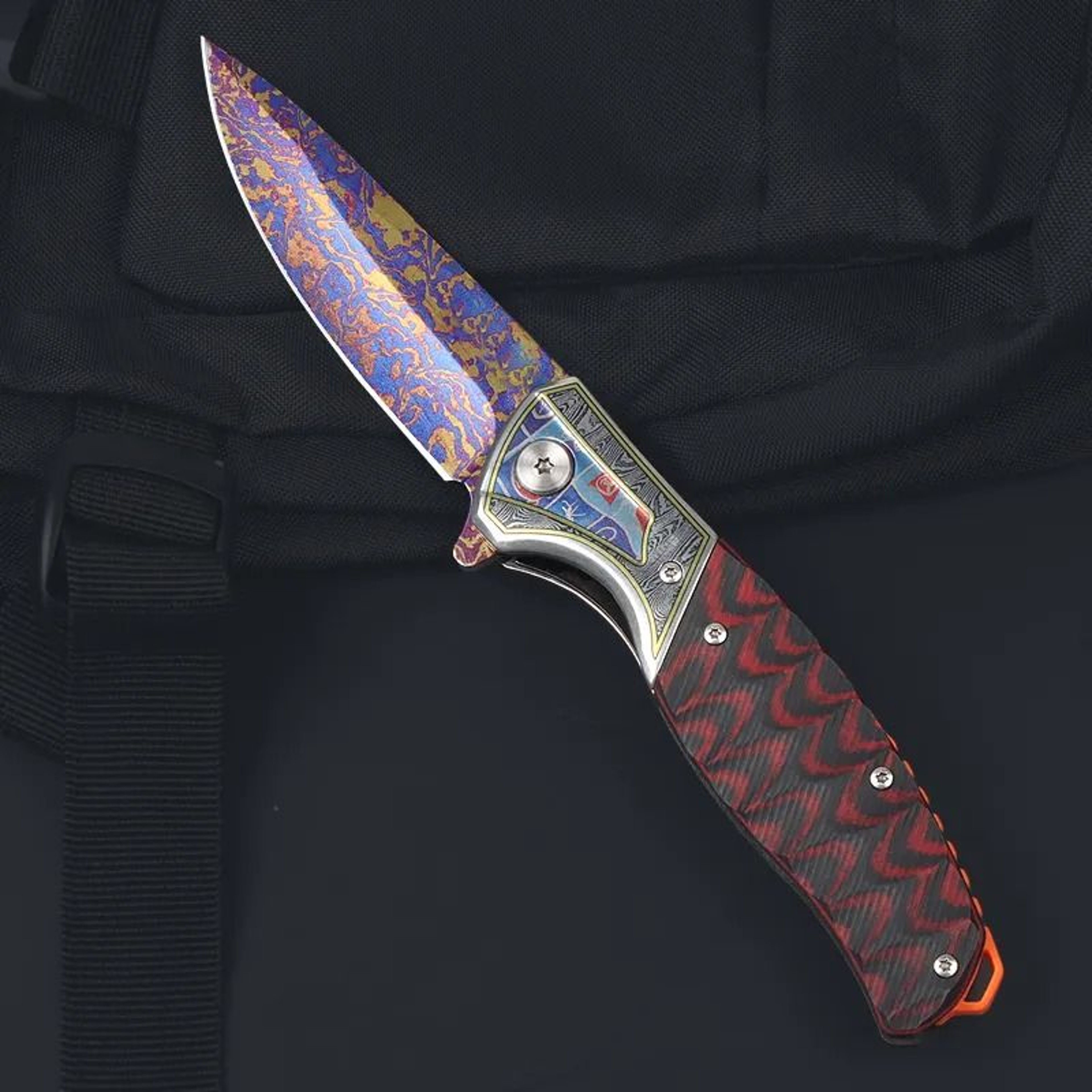 Flipper Folding Pocket Knife With Titanium Coated Blade And G10 Steel Handle 0