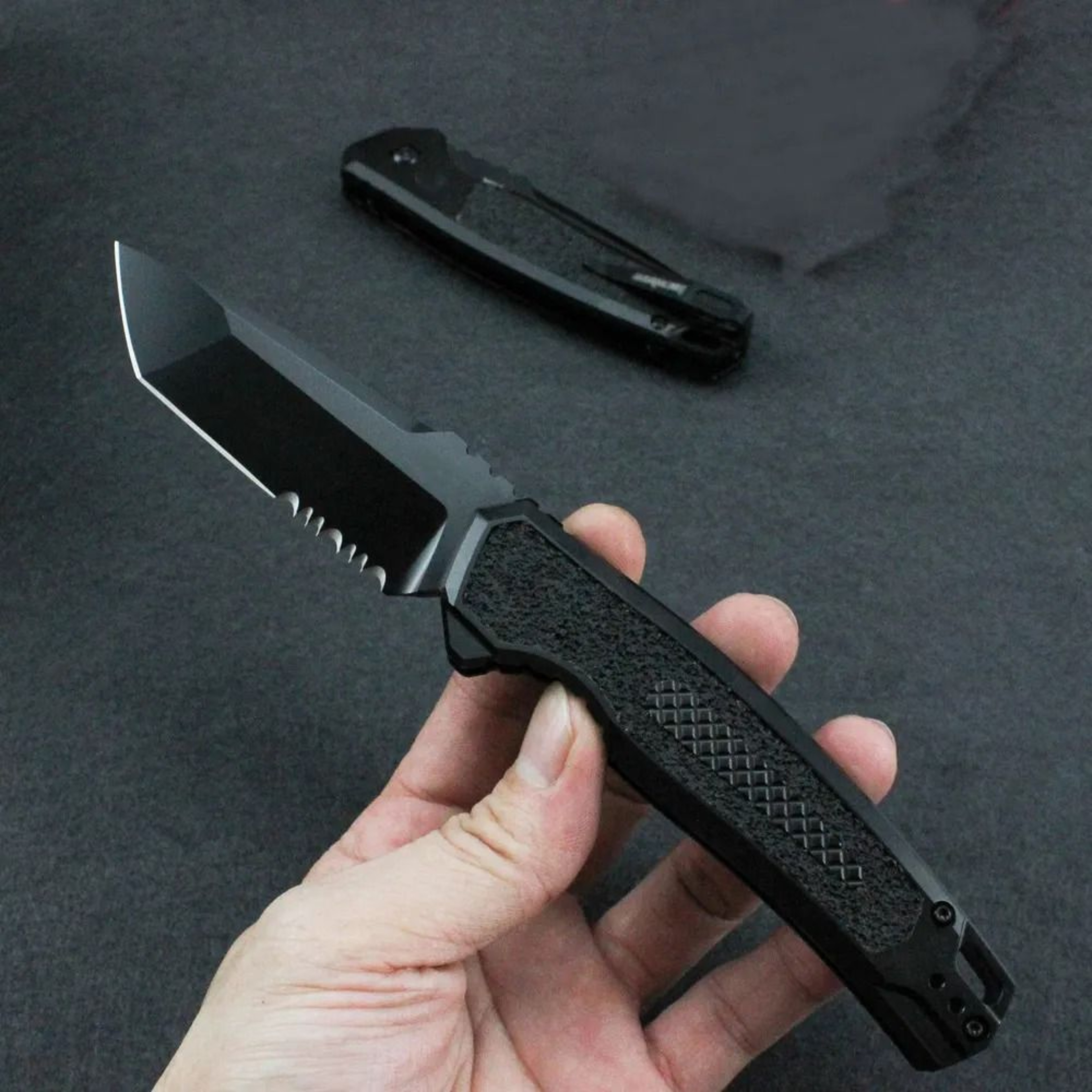Tactical Knife With Titanium Coated Serrated Blade And CNC Aluminum Handle 3
