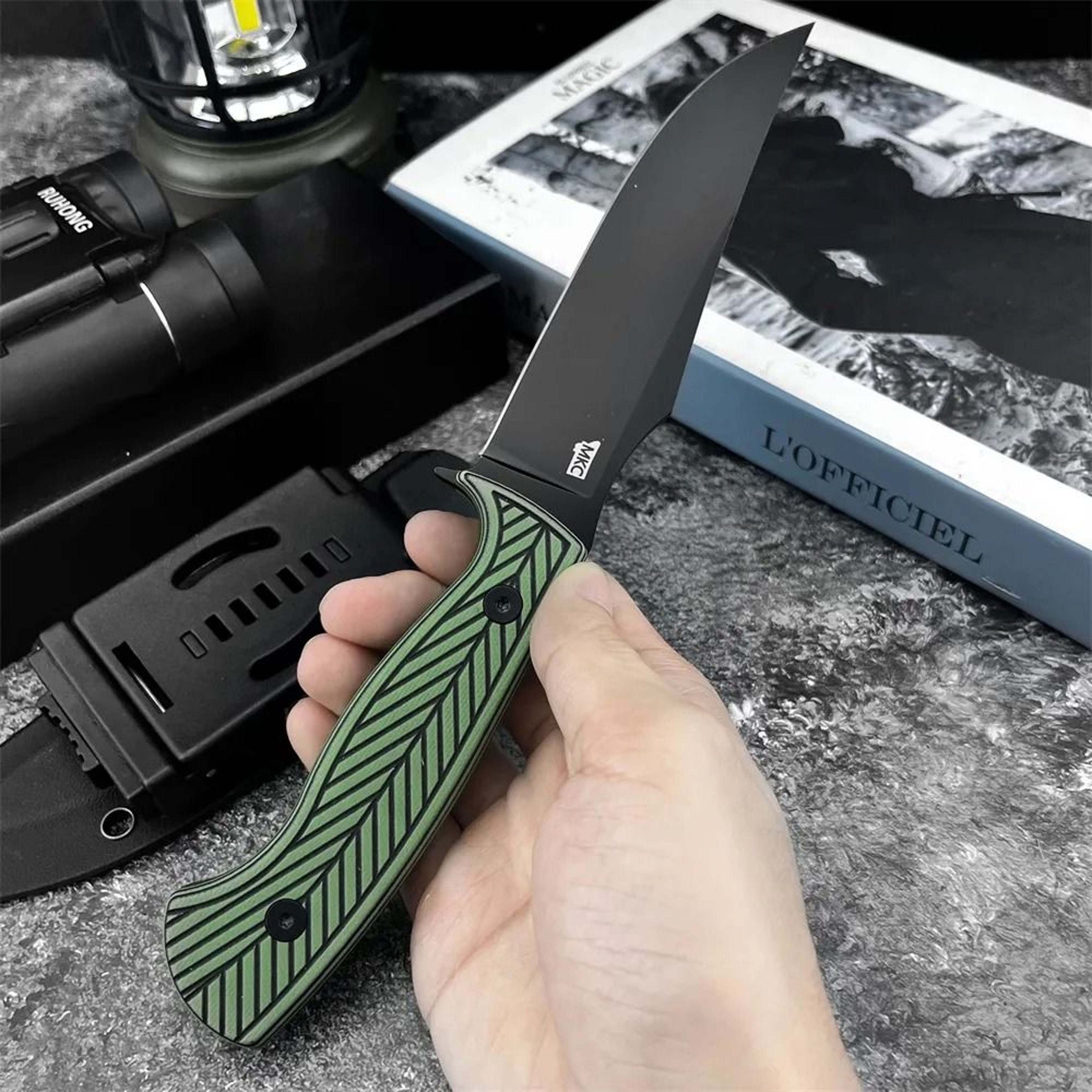 Fixed Blade Knife With Steel Titanium Coated Blade Full Tang Handle And Kydex Sheath 0