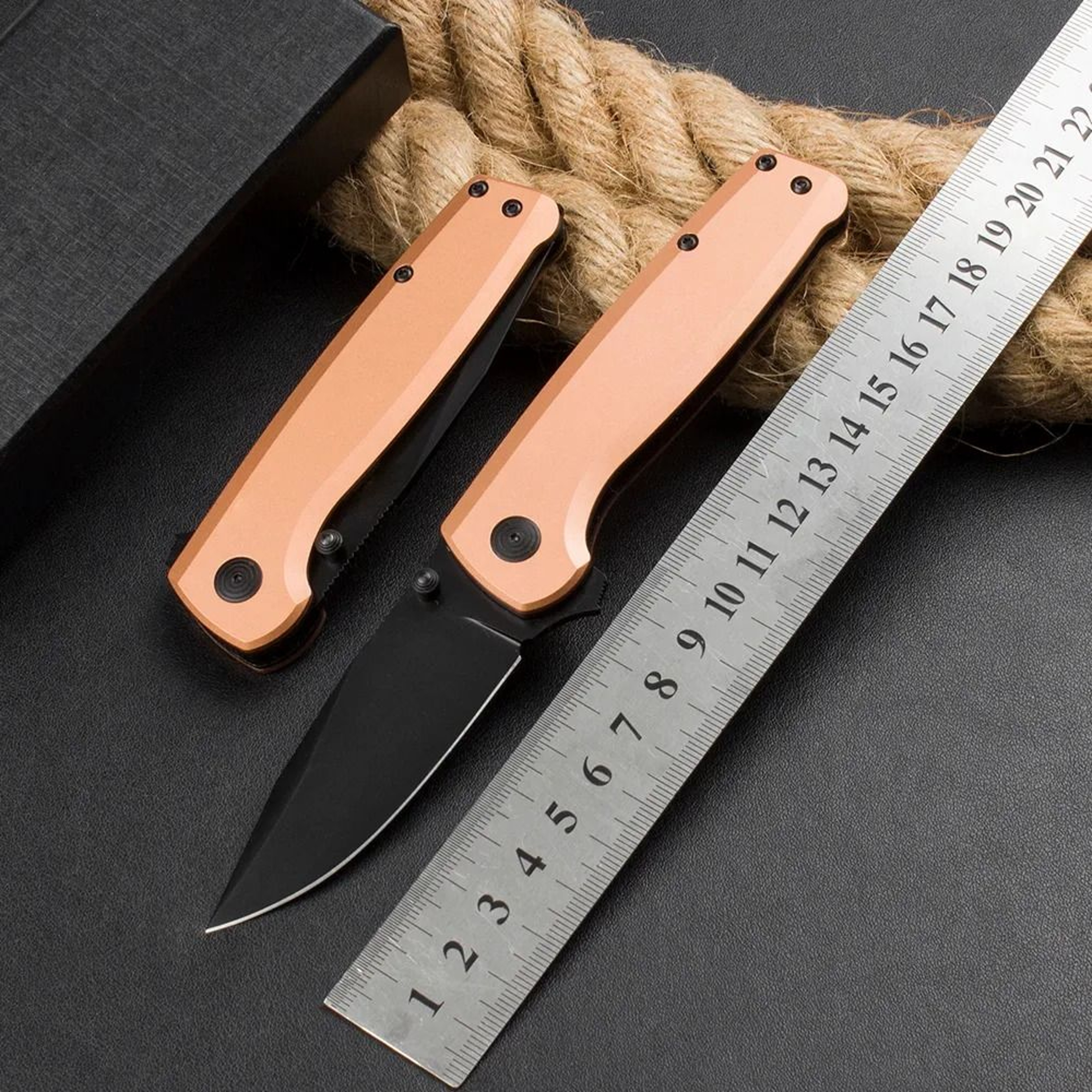 Steel Folding Knife With Black Titanium Drop Point Blade And CNC Copper Handle 2