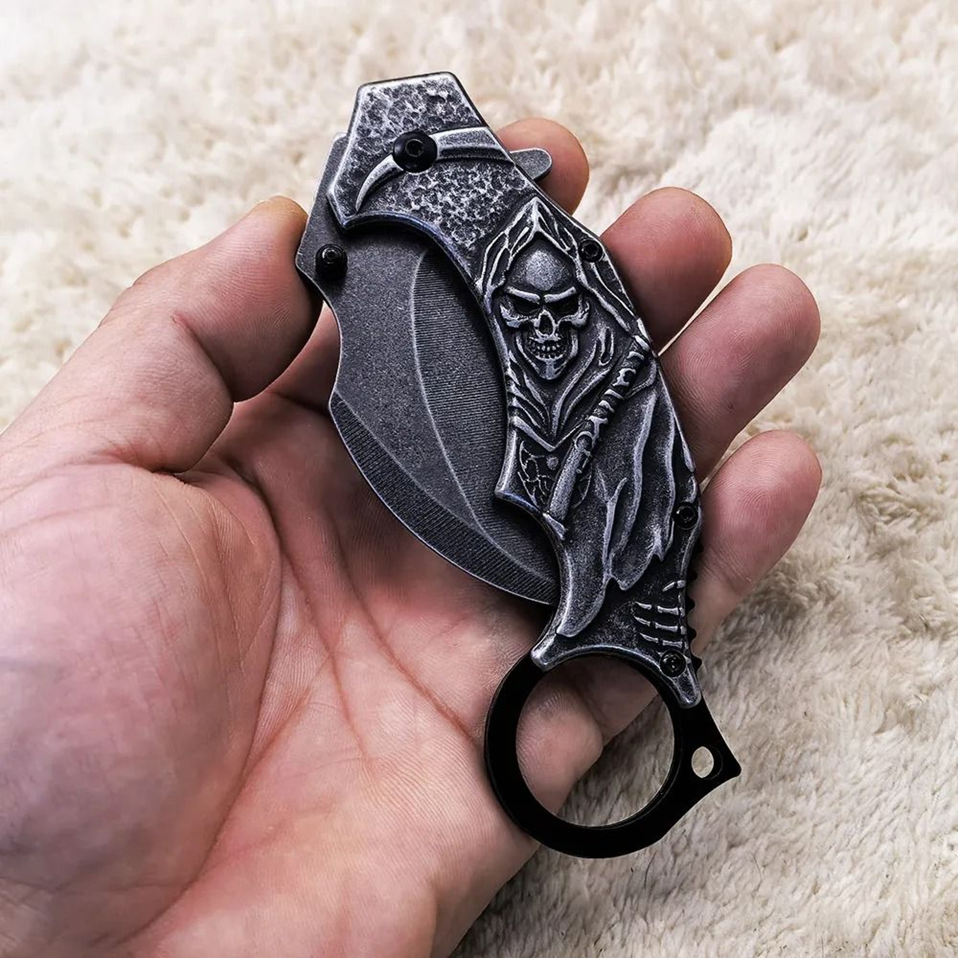 Folding Knife With Stonewash Blade And Stainless Steel Skull Handle 4