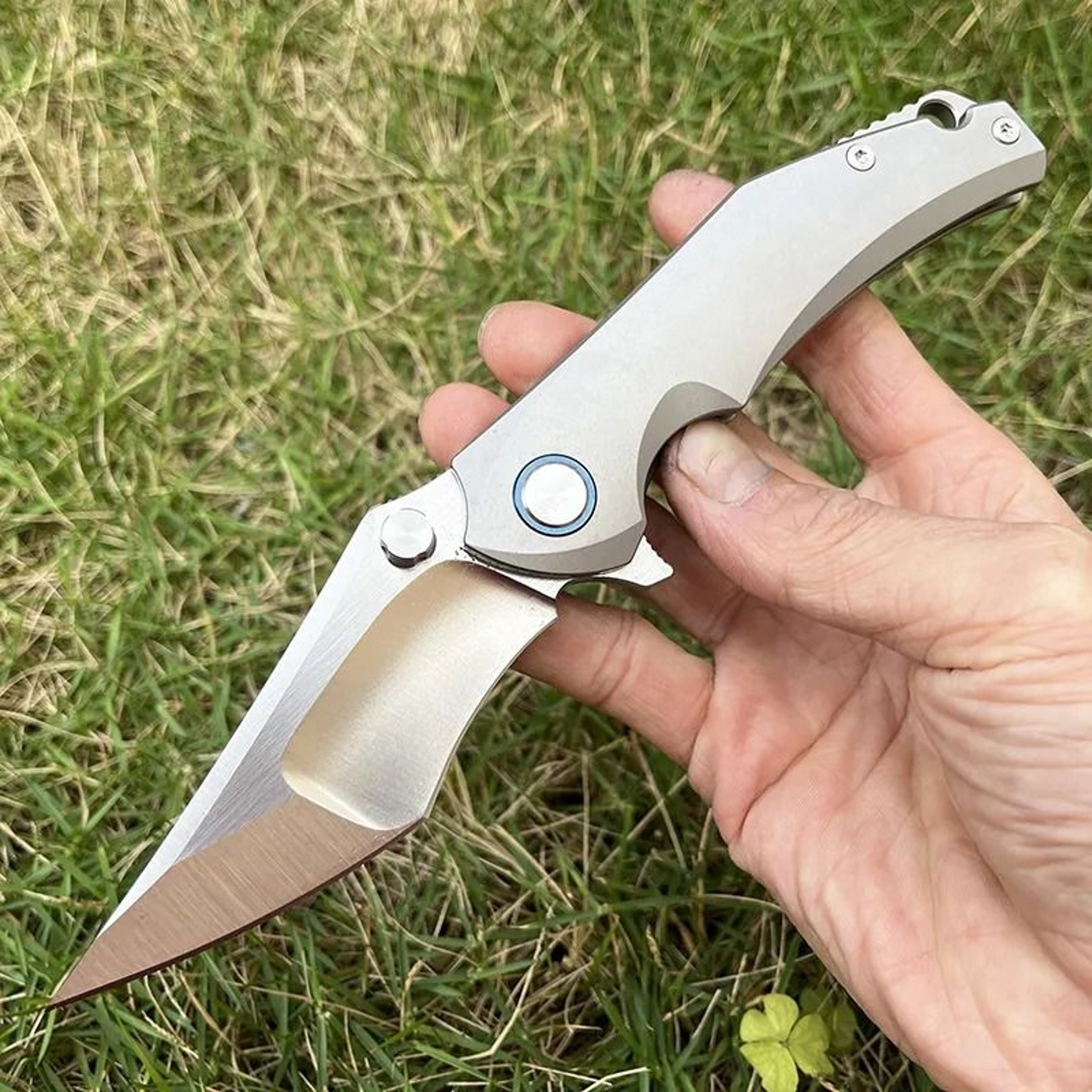 Tanto Folding Pocket Knife With Titanium Handle And Ball Bearing Flipper 2