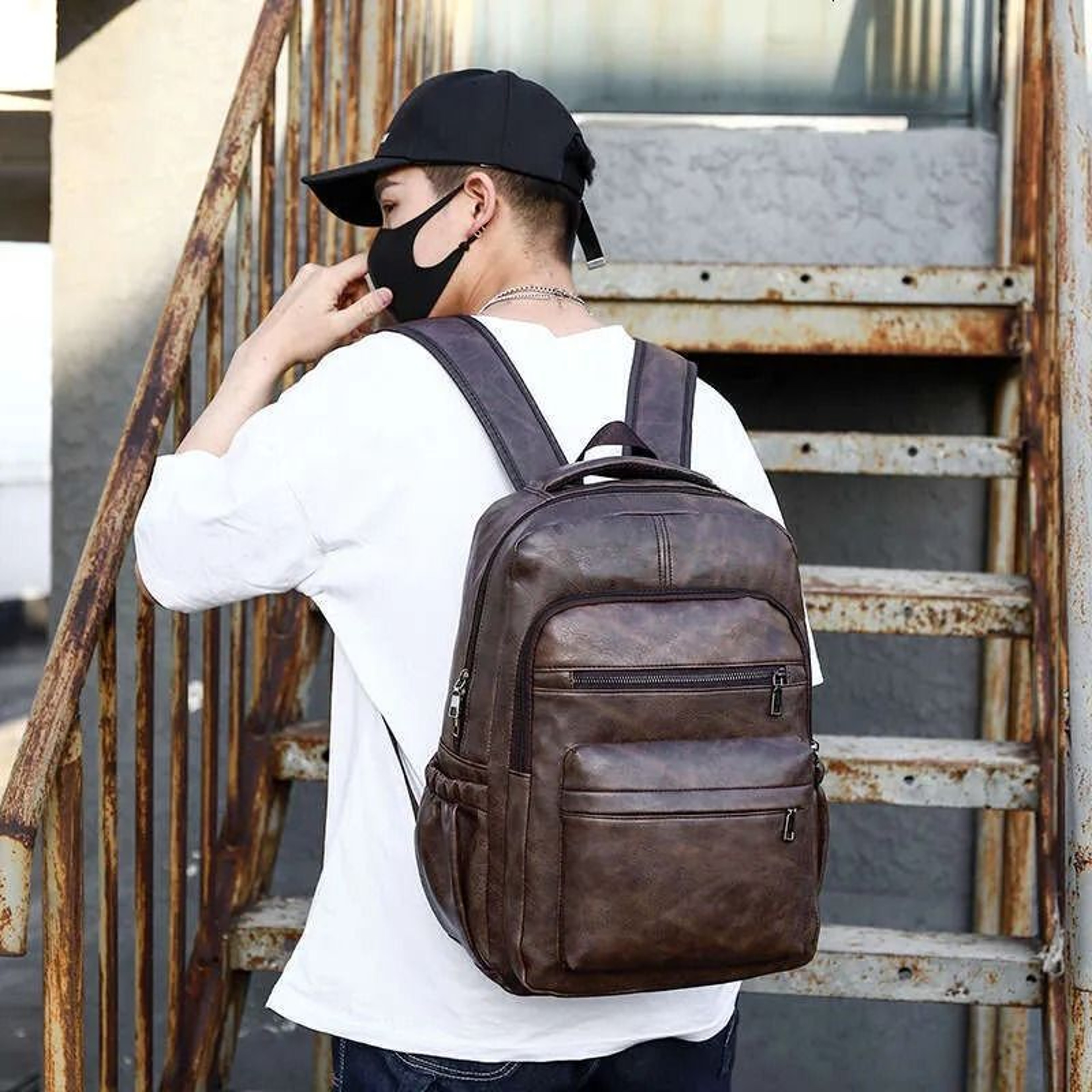 Men PU Leather Laptop Backpack With Multifunctional Compartments 2