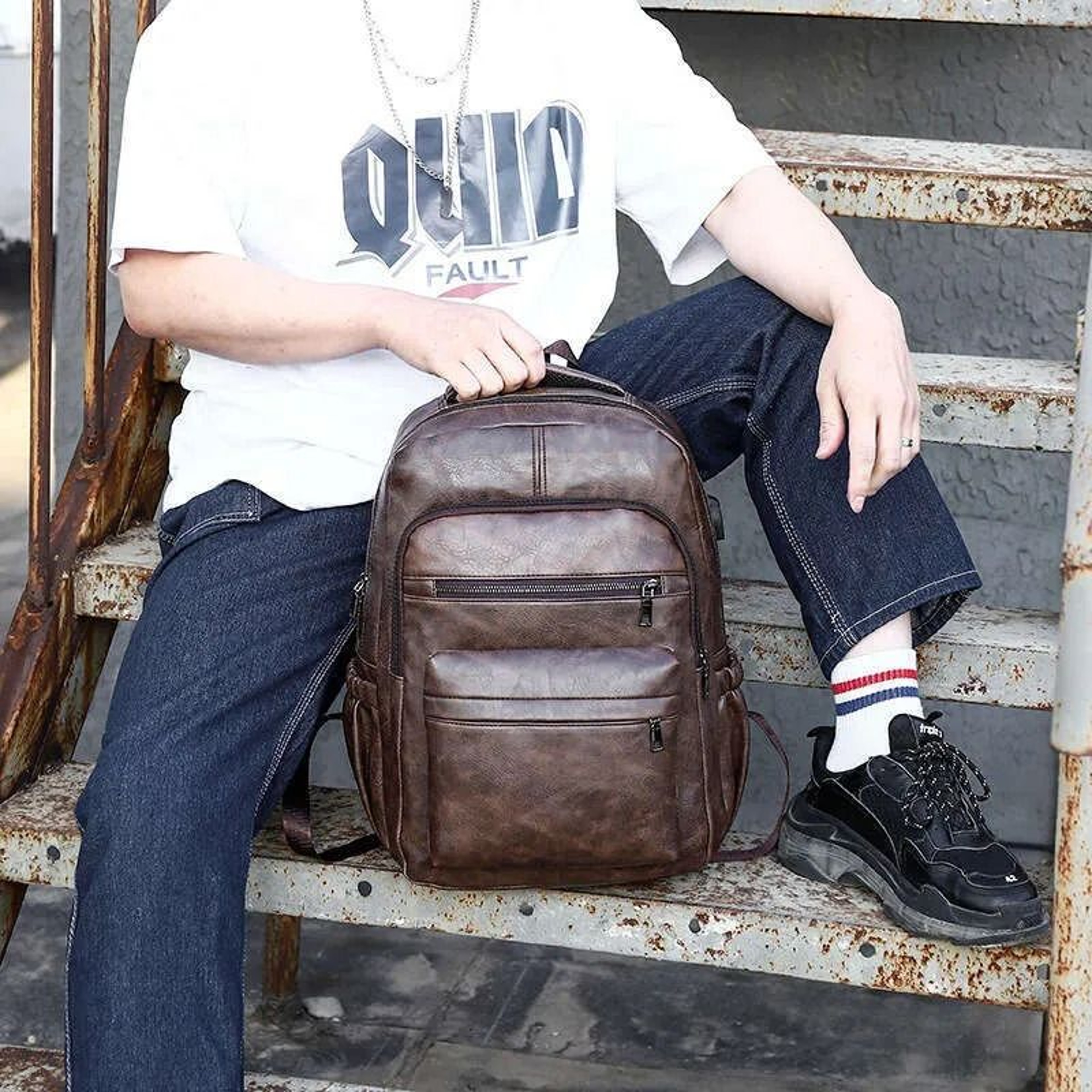 Men PU Leather Laptop Backpack With Multifunctional Compartments 3