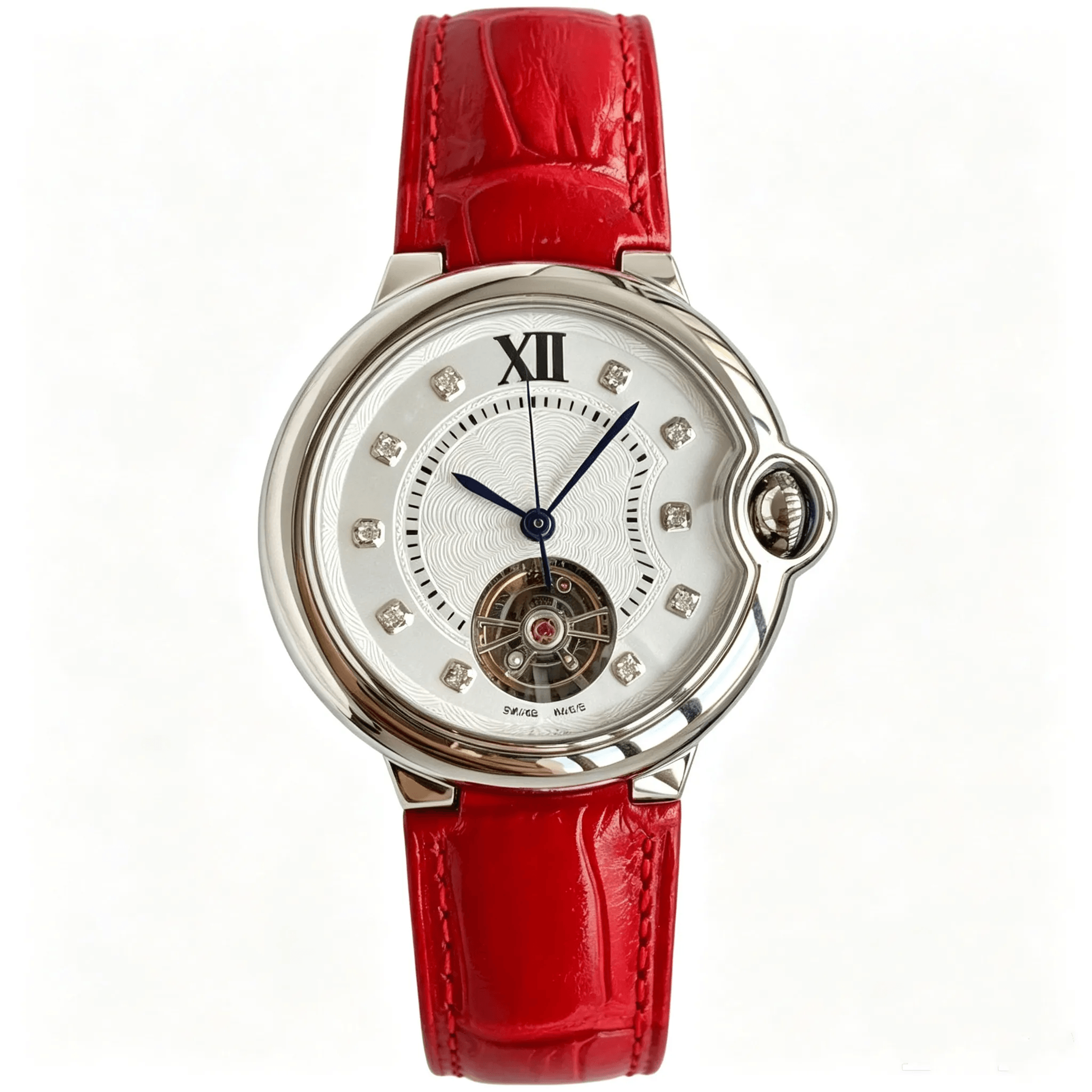 Automatic Womens Watch With Open Flywheel Crocodile Strap And Shiny Silver Bubble Case 3