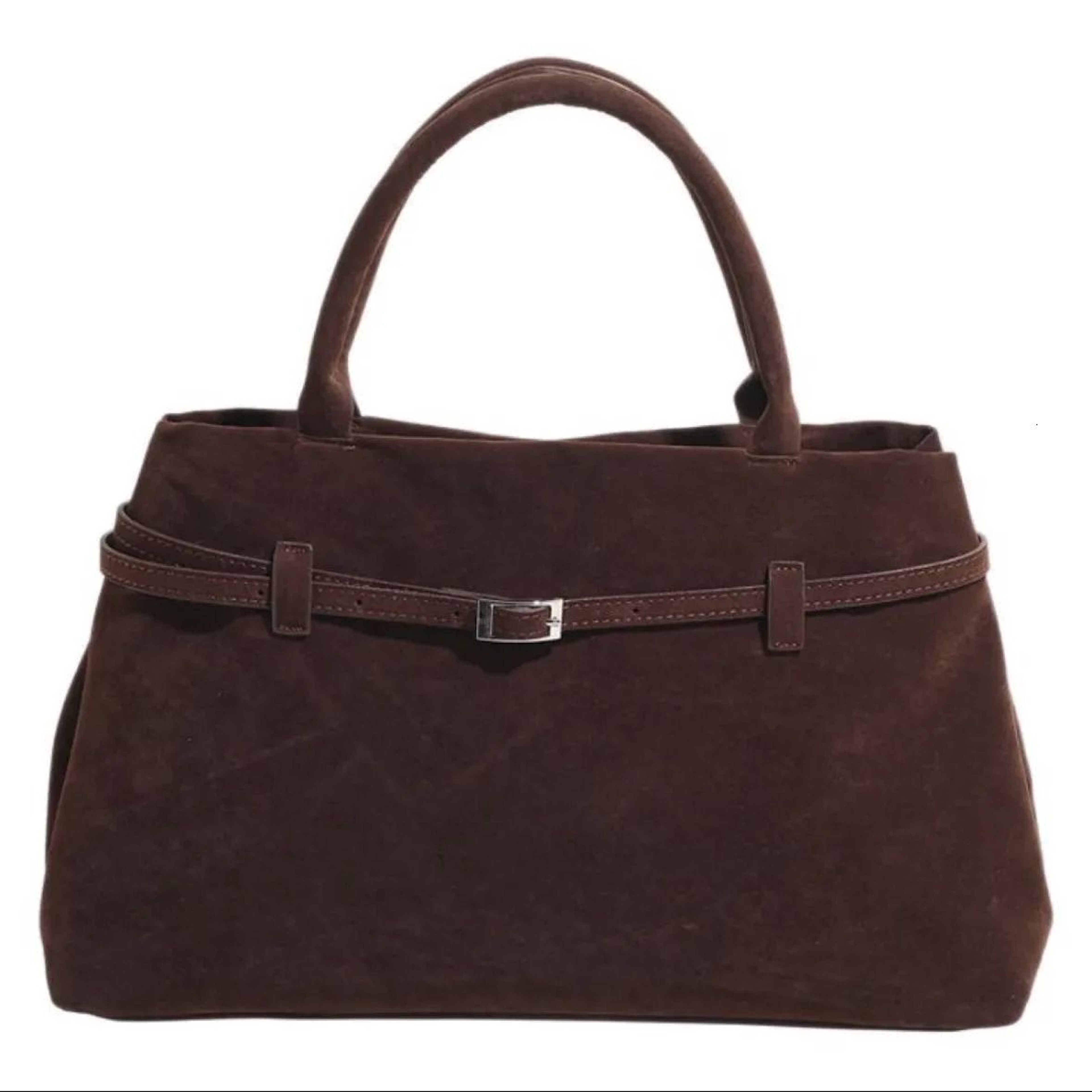 Structured Leather Belted Tote Bag With Top Handle 0