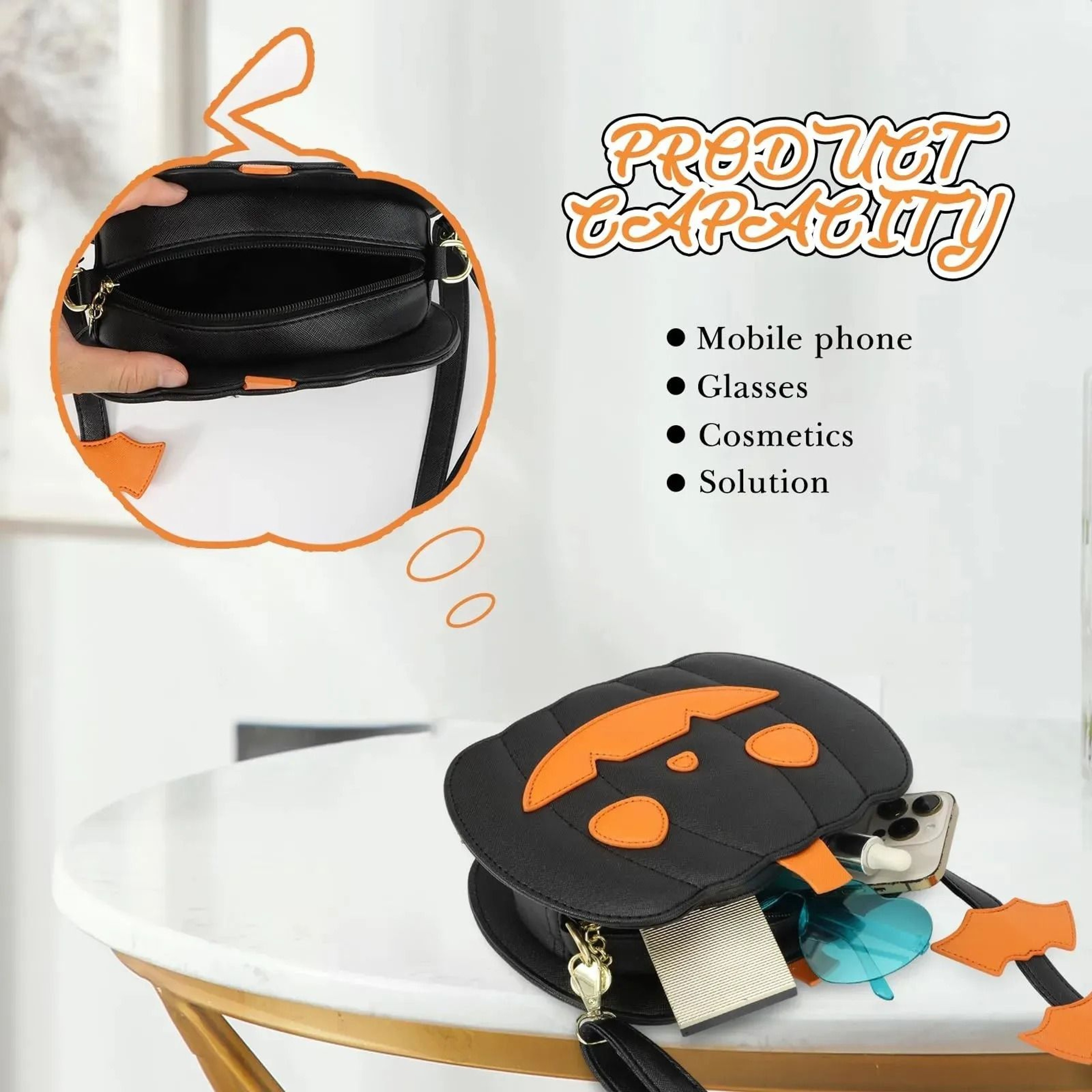 Halloween Pumpkin Bag With Ghost Skull Accent 5