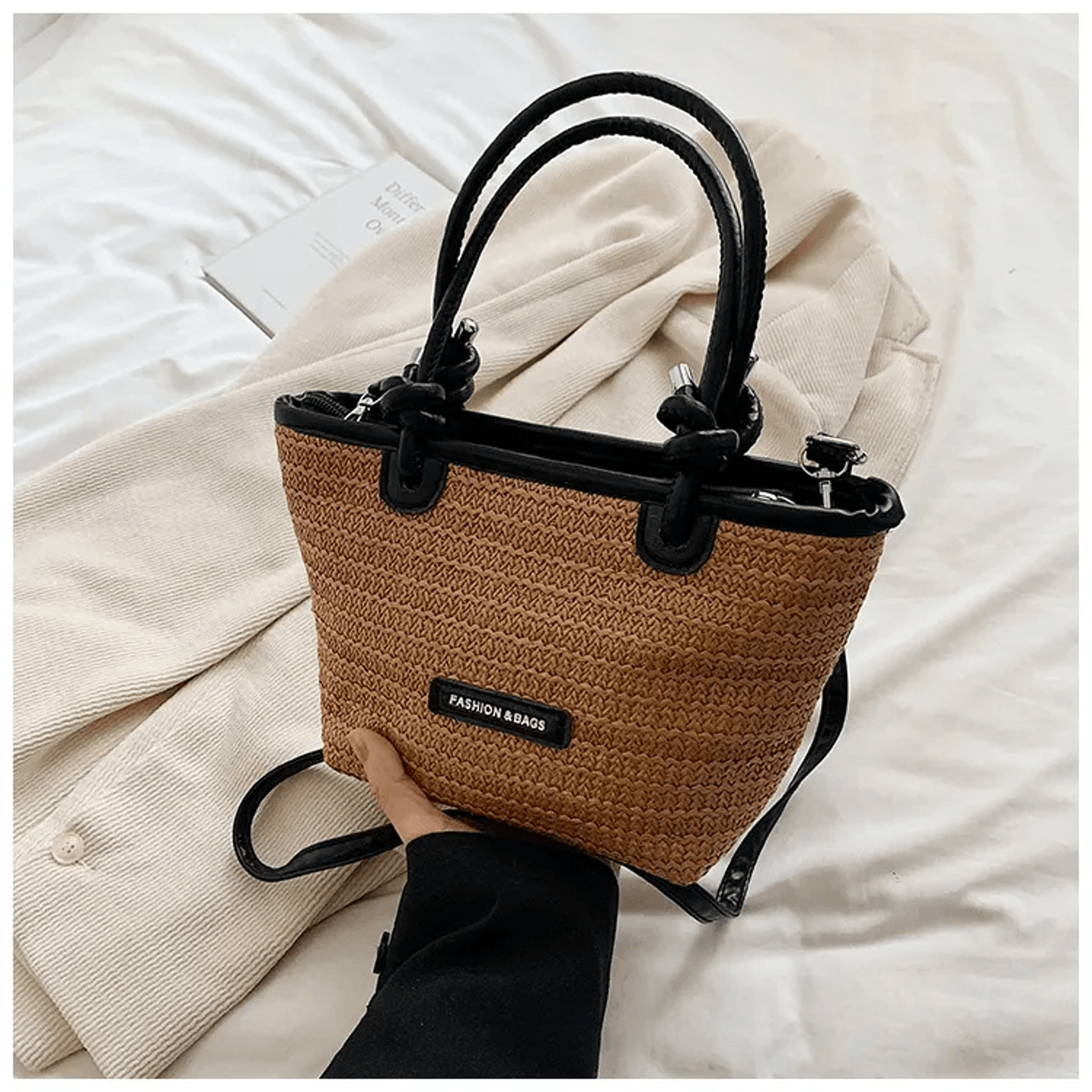 Boho Woven Rattan Beach Bag With Adjustable Crossbody Strap 1