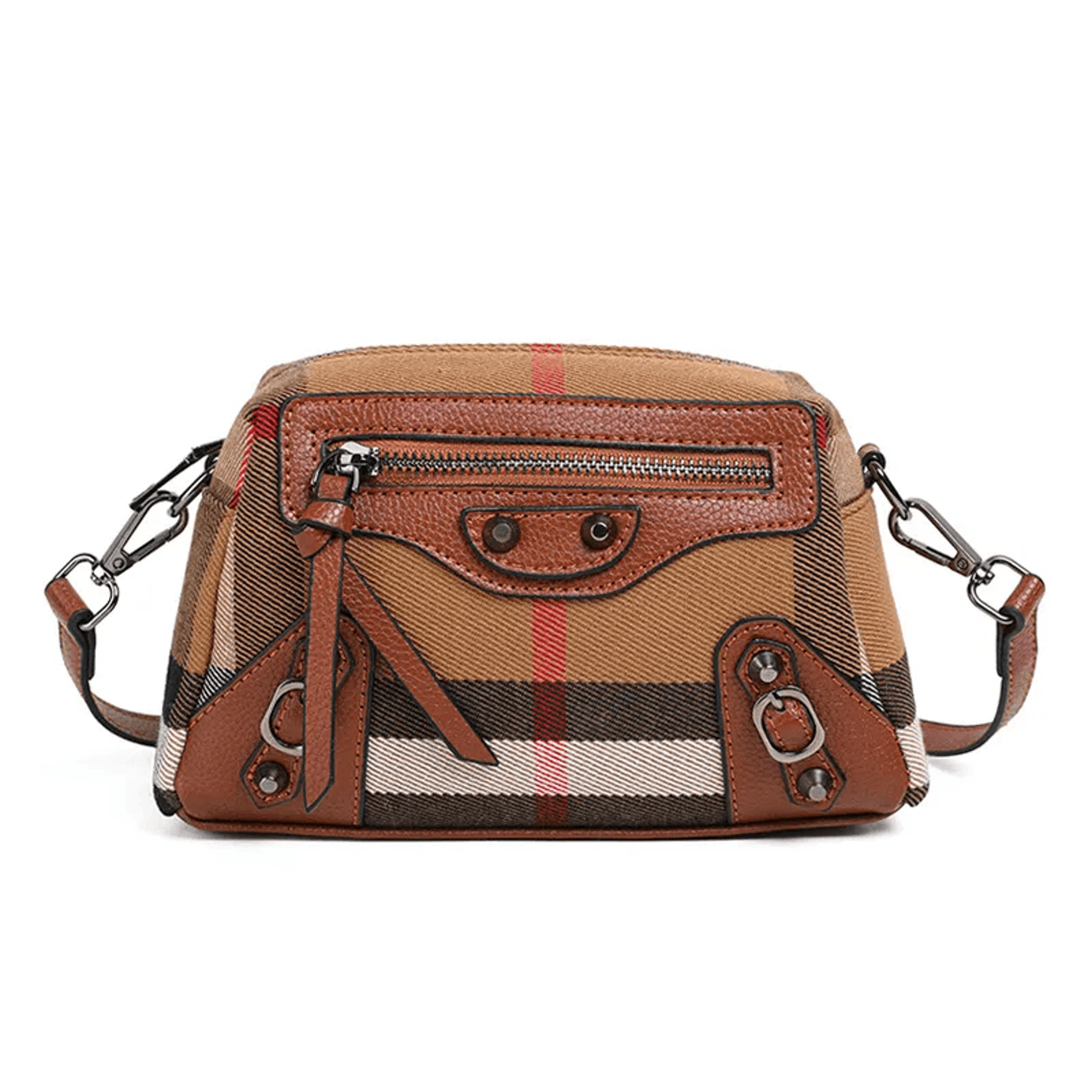 Plaid Camera Crossbody Bag With Adjustable Strap And Smiley Rivet 0