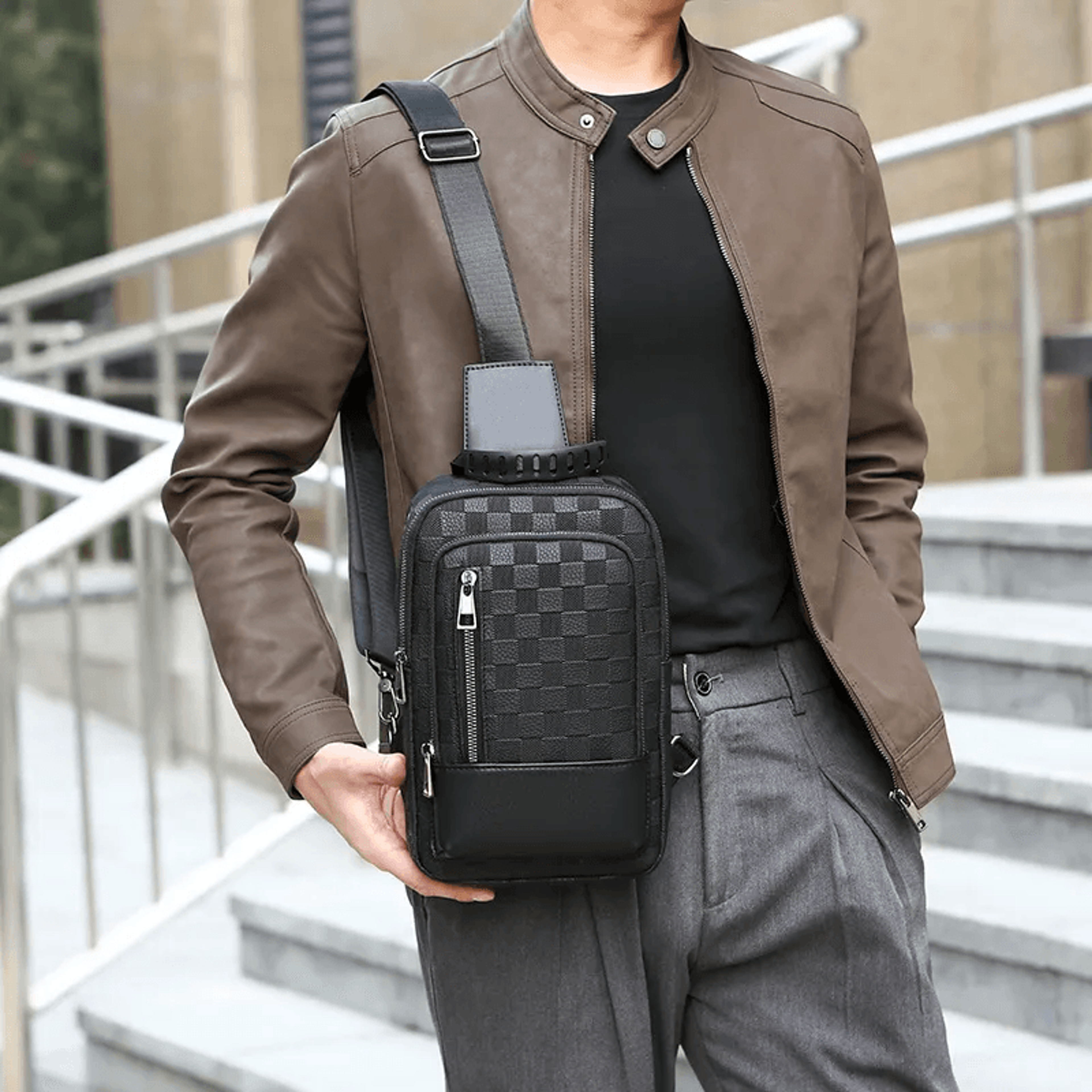 Men Large Capacity Crossbody Chest Bag With Chessboard Pattern And Adjustable Strap 6