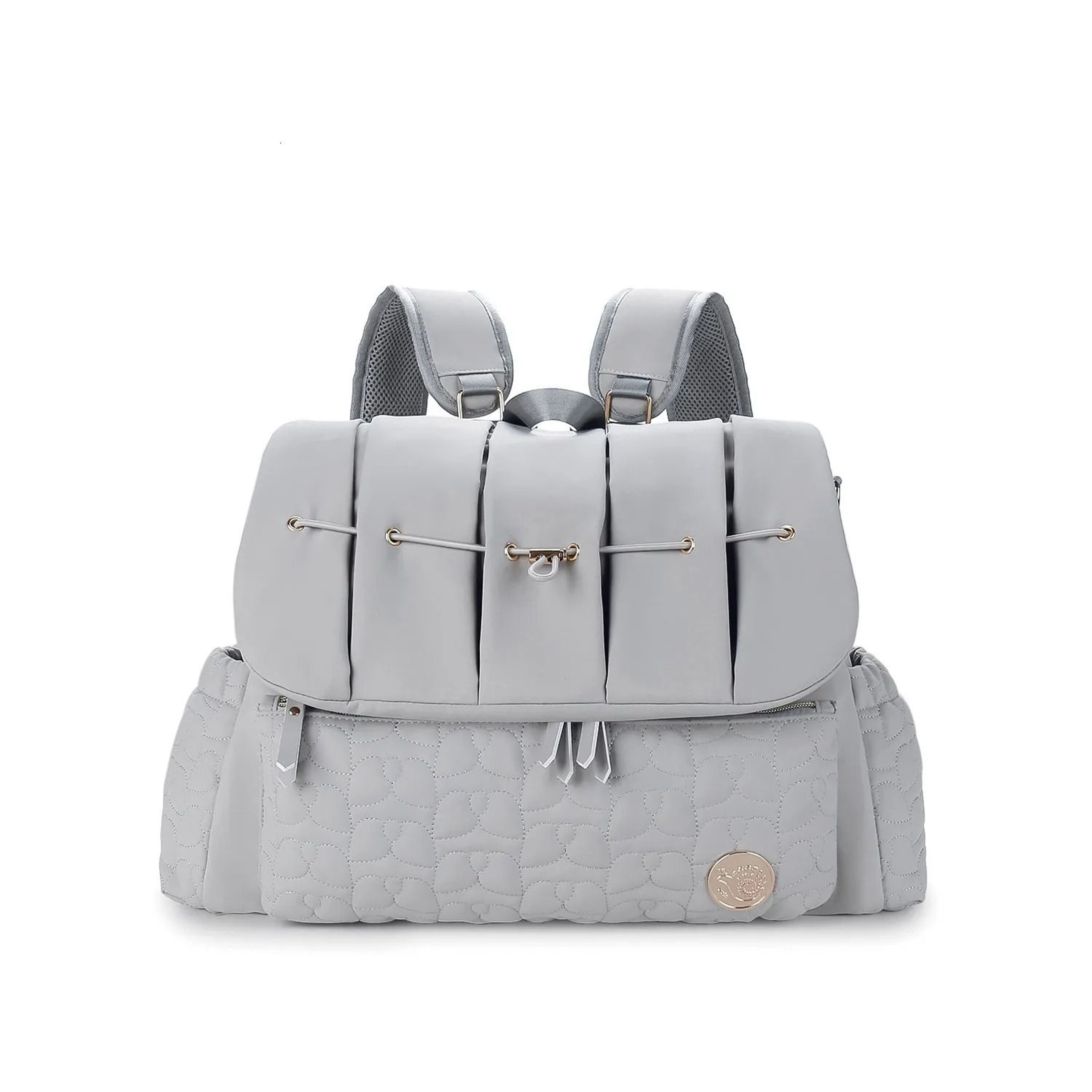 Gray Quilted Waterproof Diaper Backpack With Adjustable Shoulder Straps And Hanging Hook 0