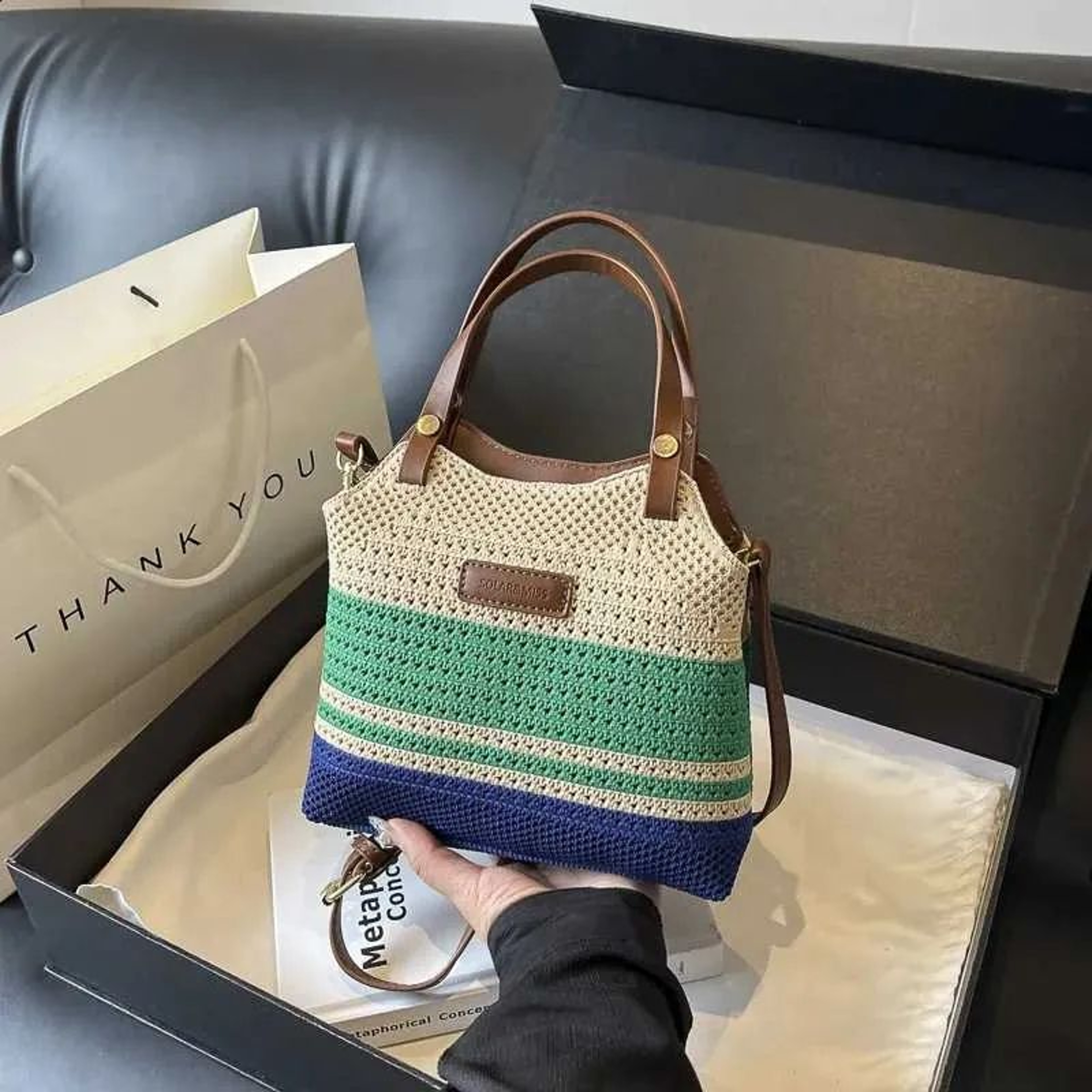 Women Woven Shoulder Bag With Contrasting Colors And Diagonal Strap 0