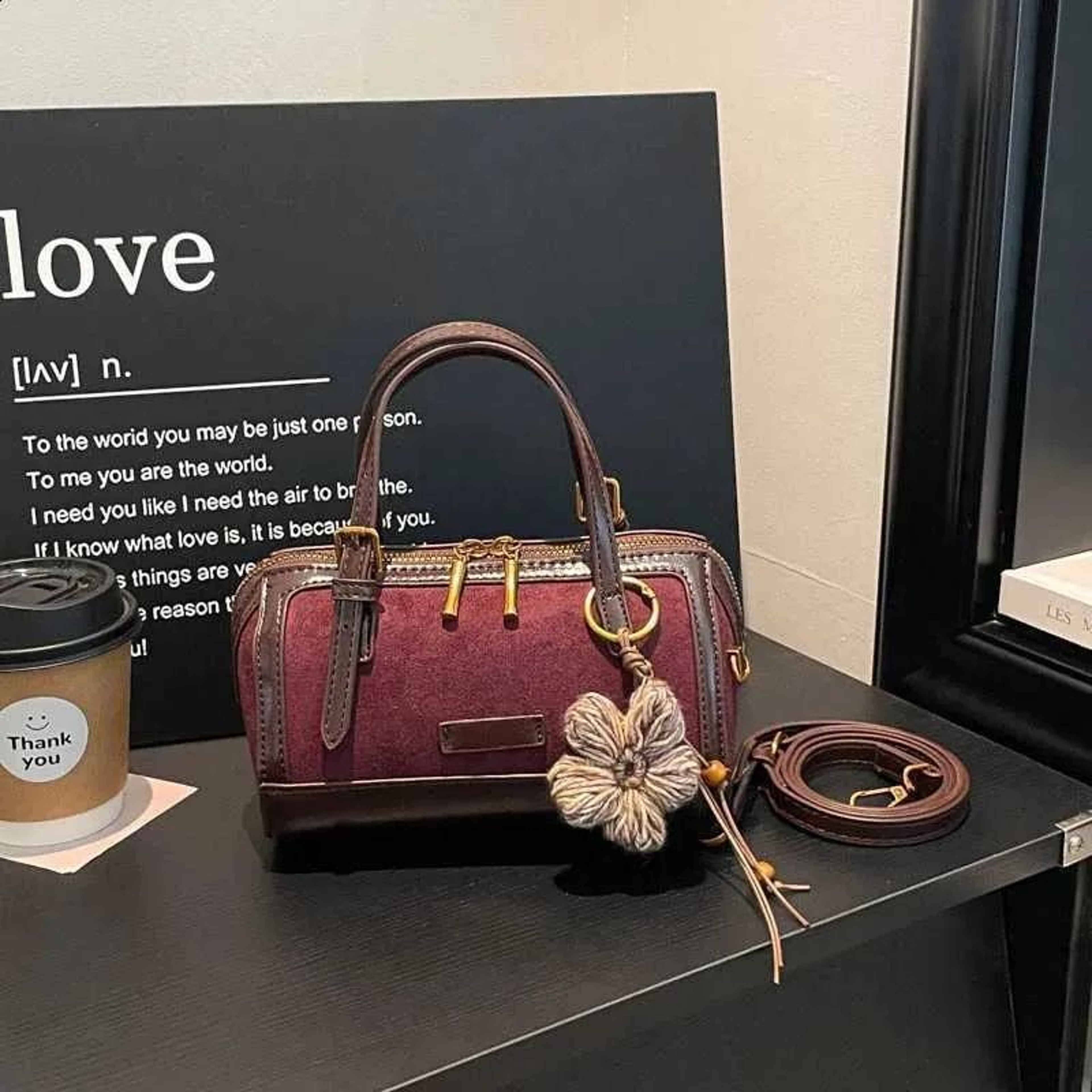 Vintage Mini Boston Crossbody Bag For Women With Faux Suede Patchwork And Flower Pendant 0