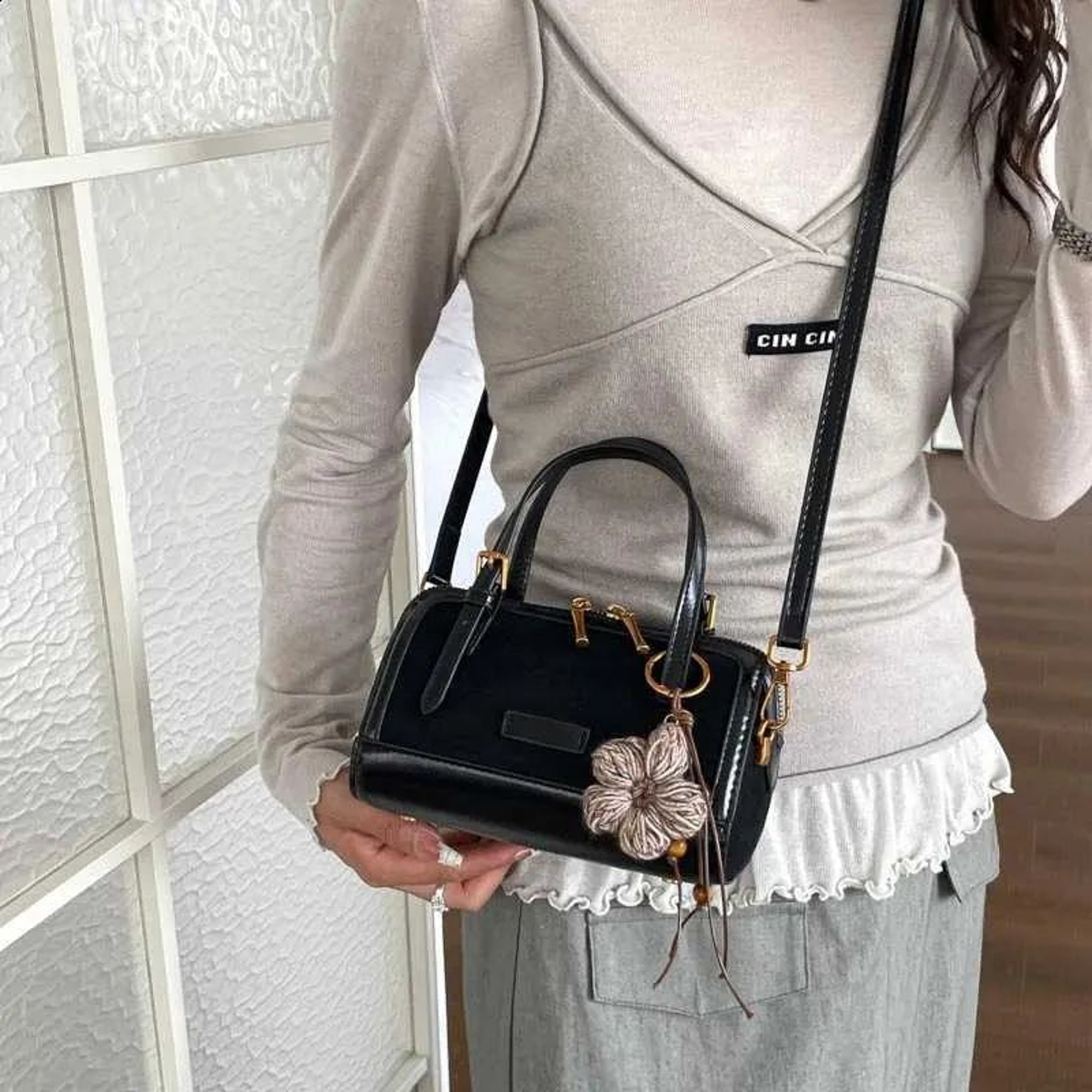 Vintage Mini Boston Crossbody Bag For Women With Faux Suede Patchwork And Flower Pendant 8