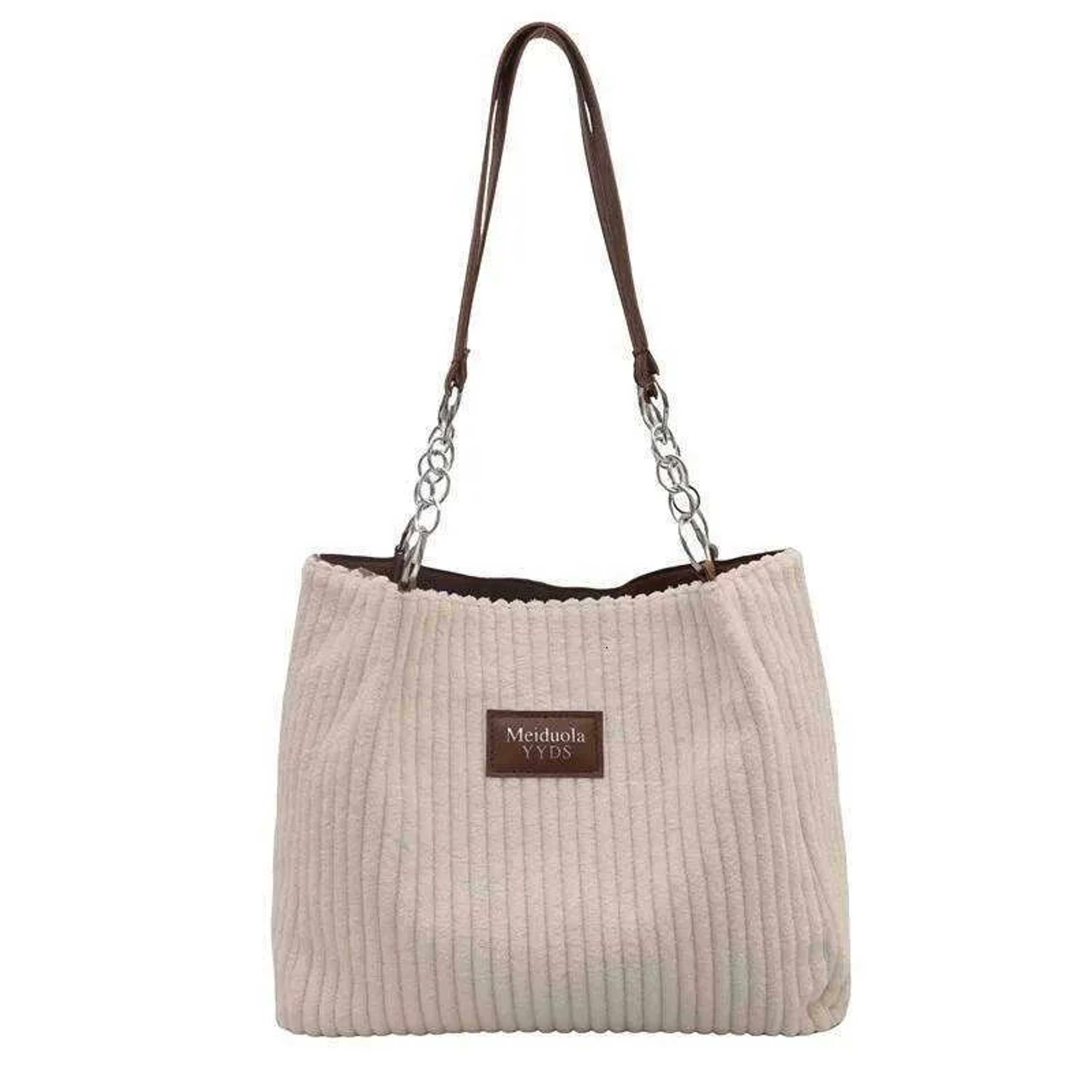 Women Corduroy Tote Bag With Leather Accents And Chain Strap 3