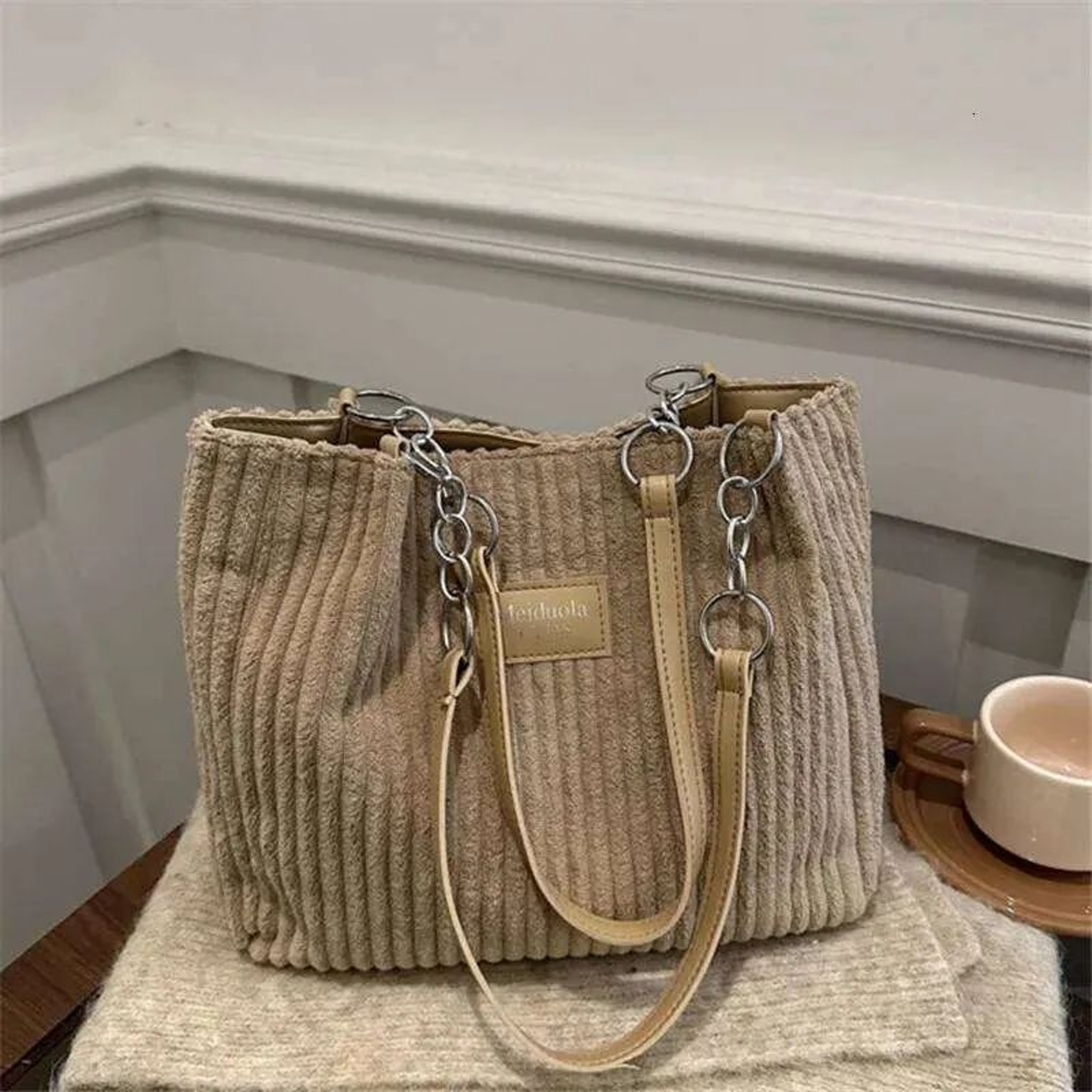 Women Corduroy Tote Bag With Leather Accents And Chain Strap 6