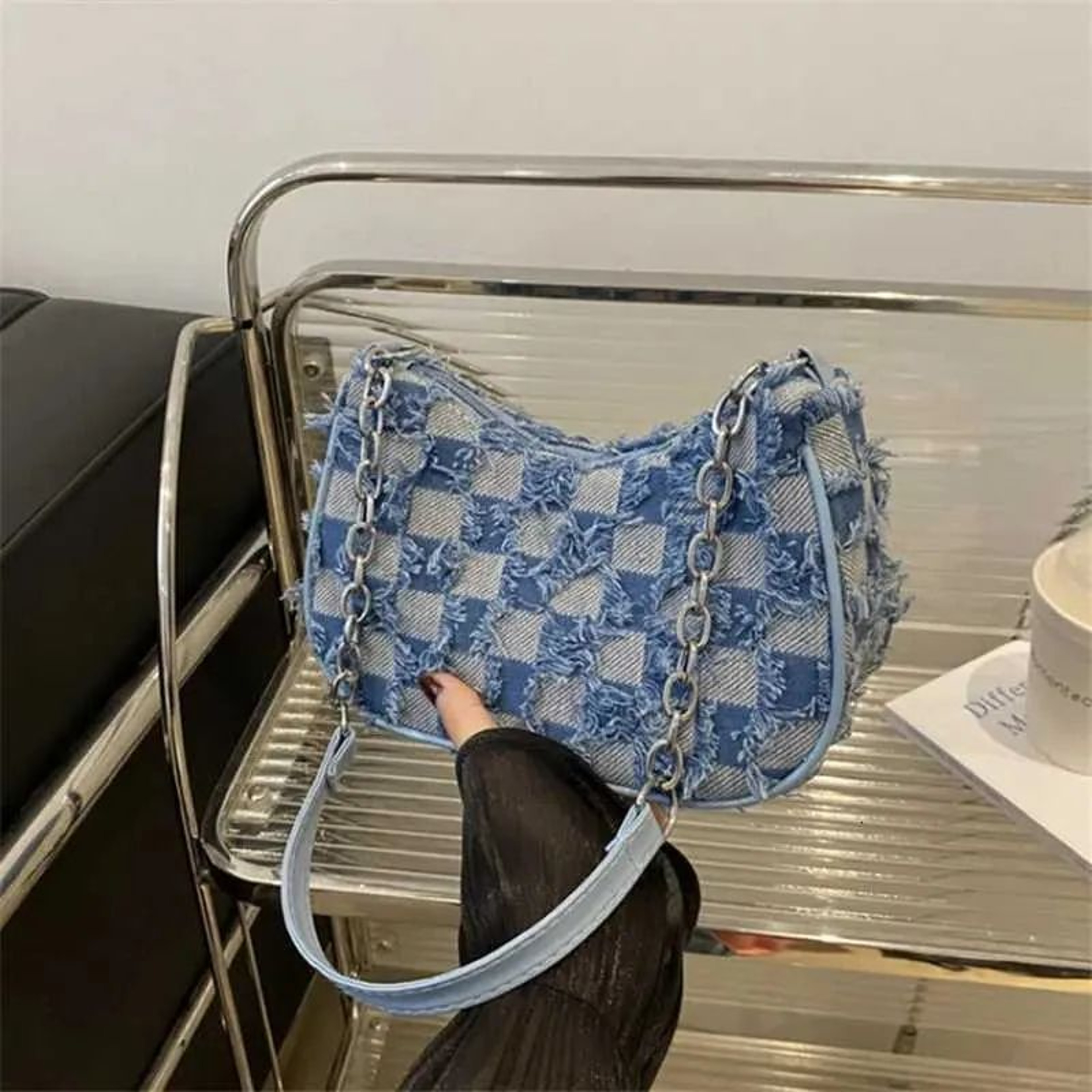 Womens Blue Distressed Star Pattern Tote Bag With GoldTone Hardware 0