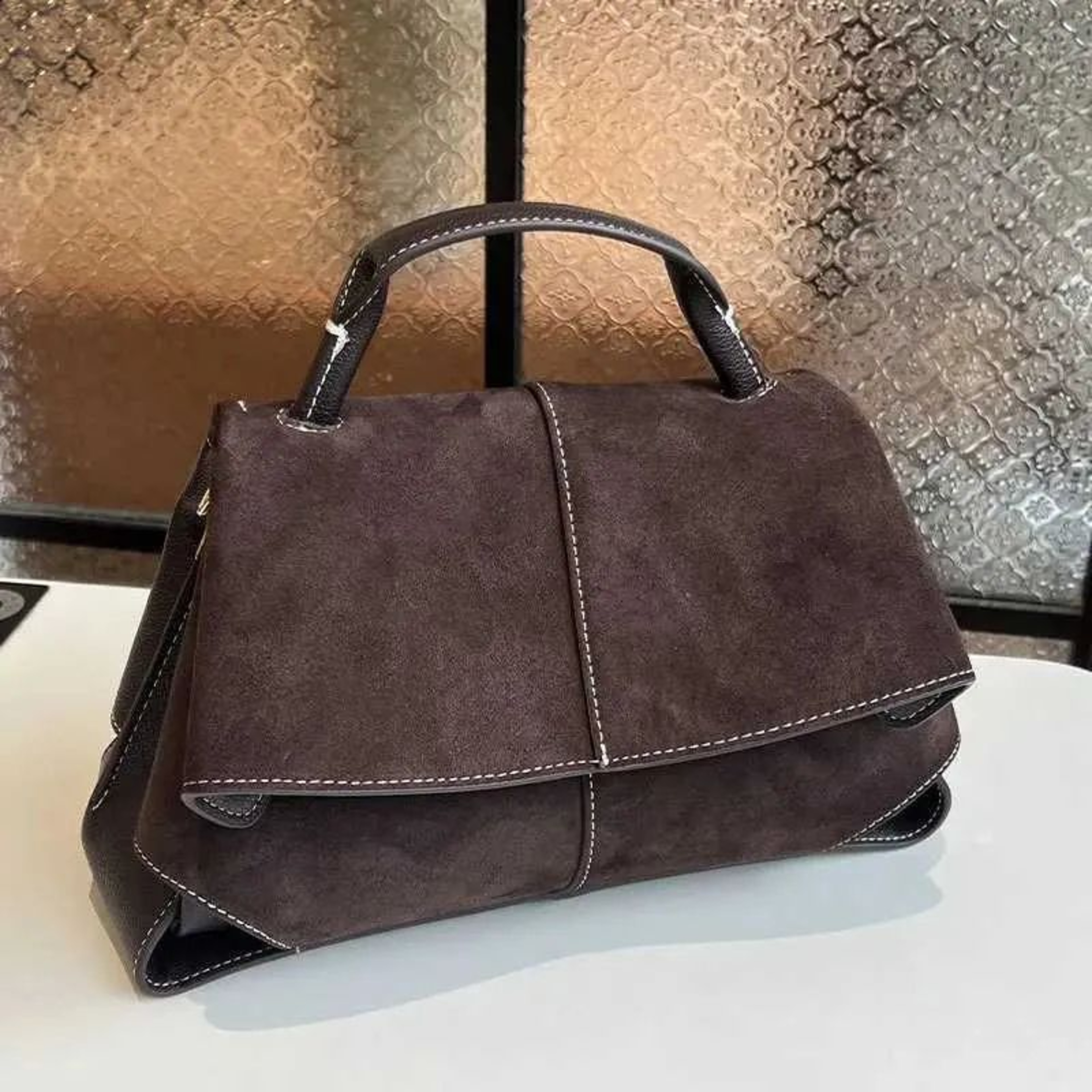 Womens Suede Shoulder Bag With Flap Closure And Trapezoid Design 1