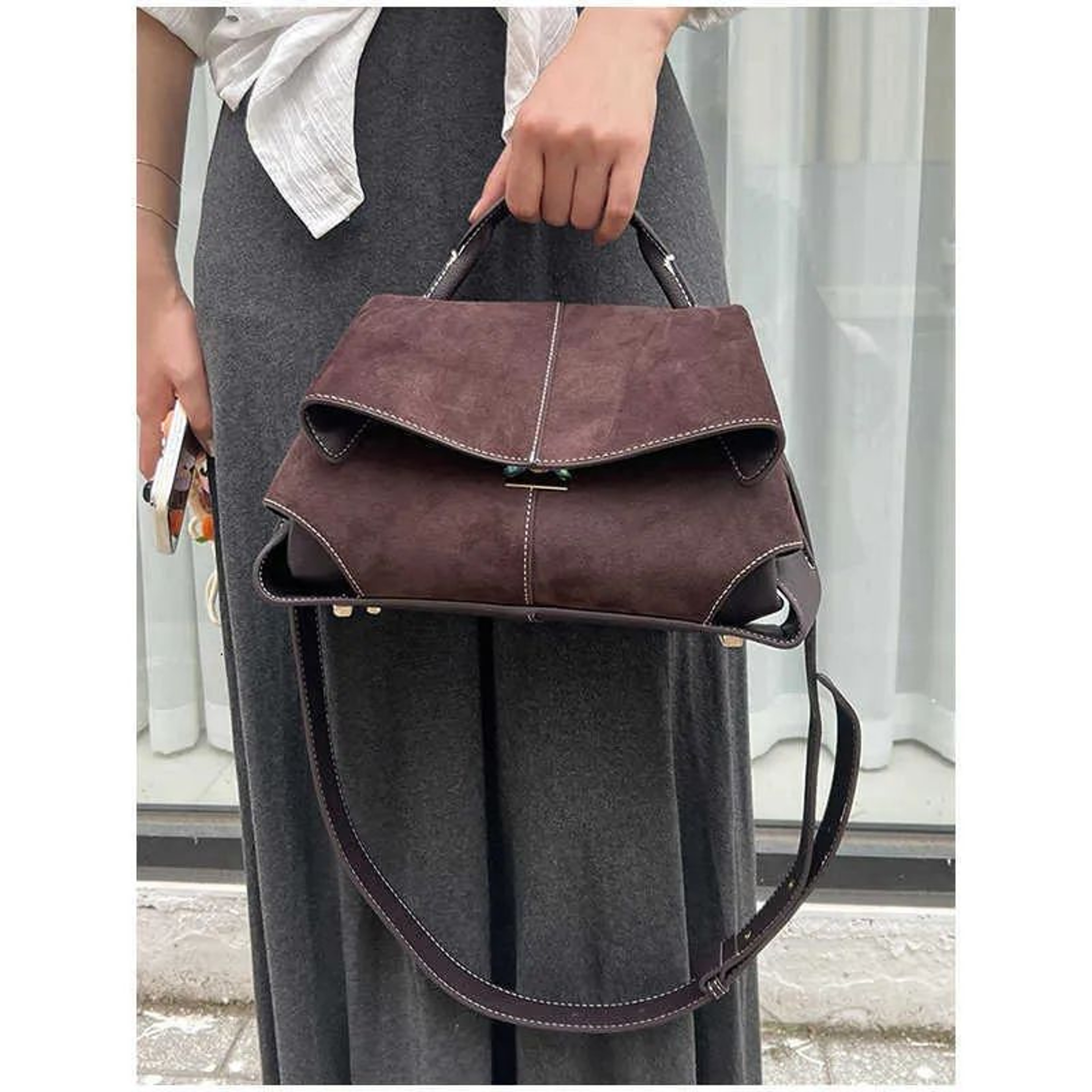 Womens Suede Shoulder Bag With Flap Closure And Trapezoid Design 2