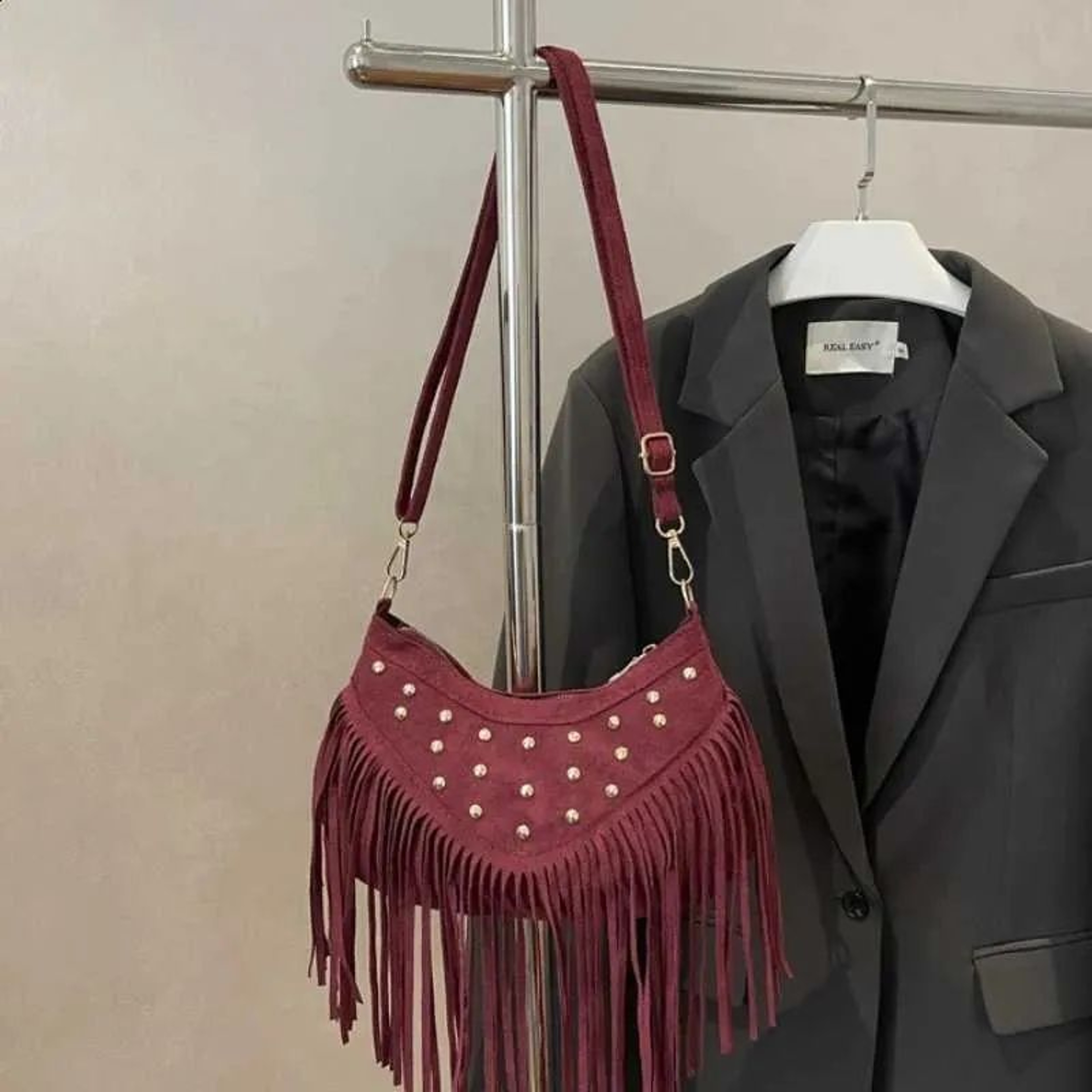 Suede Fringe Shoulder Bag With Metal Studs And Vintage Crescent Design 0