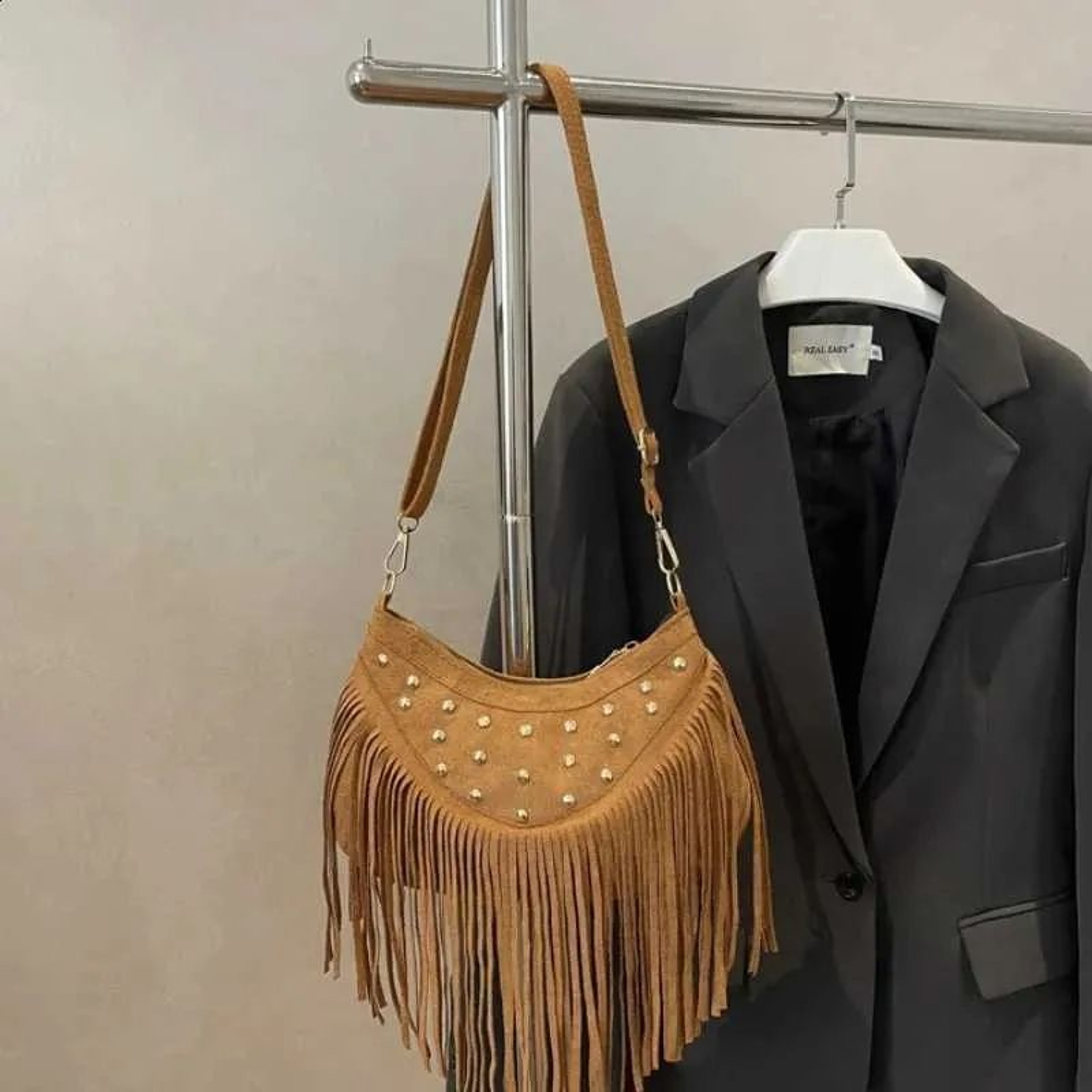 Suede Fringe Shoulder Bag With Metal Studs And Vintage Crescent Design 2