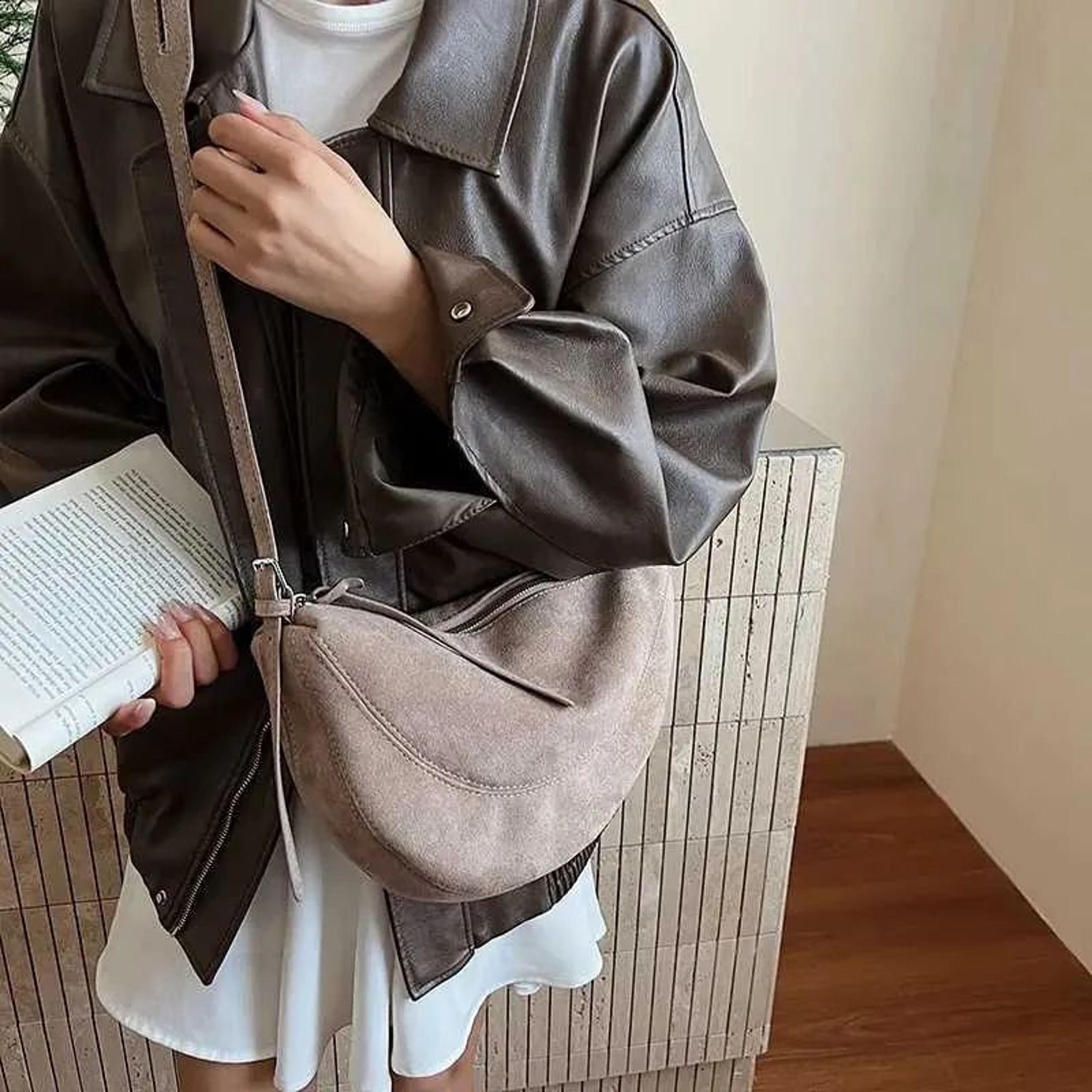 Women Large Capacity Suede Crossbody Bag With Dumpling Shape 1